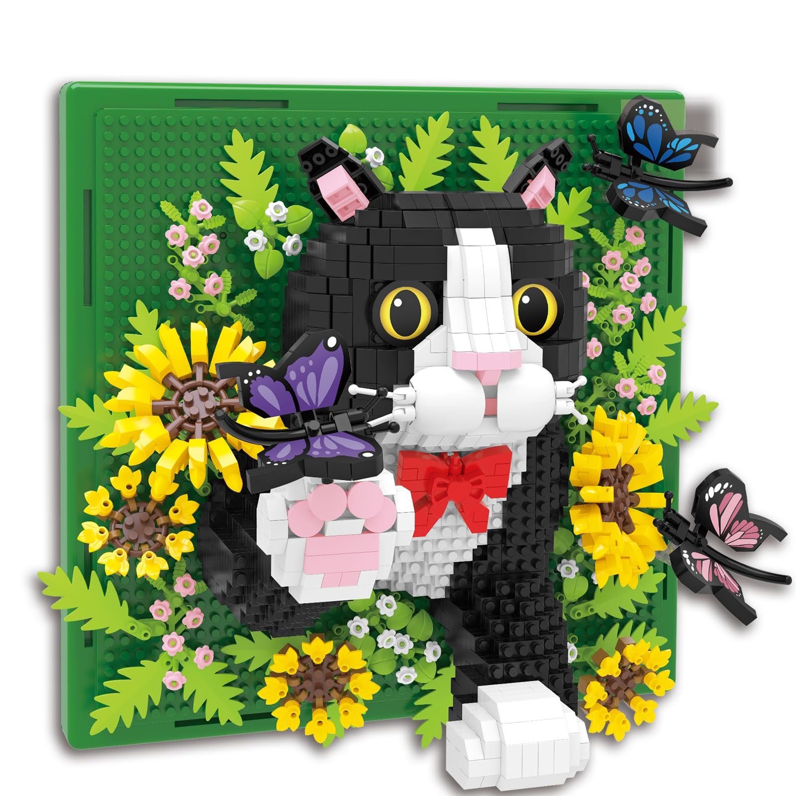 Flowers Tuxedo Cat Animal 3D Wall Art Micro Mini Building Blocks Set, Unique Home Wall Decor or Table Display, No Compatible with Lego, Ideal Gift Toy for Adults & Boys Girls 14+ (1402 PCS)