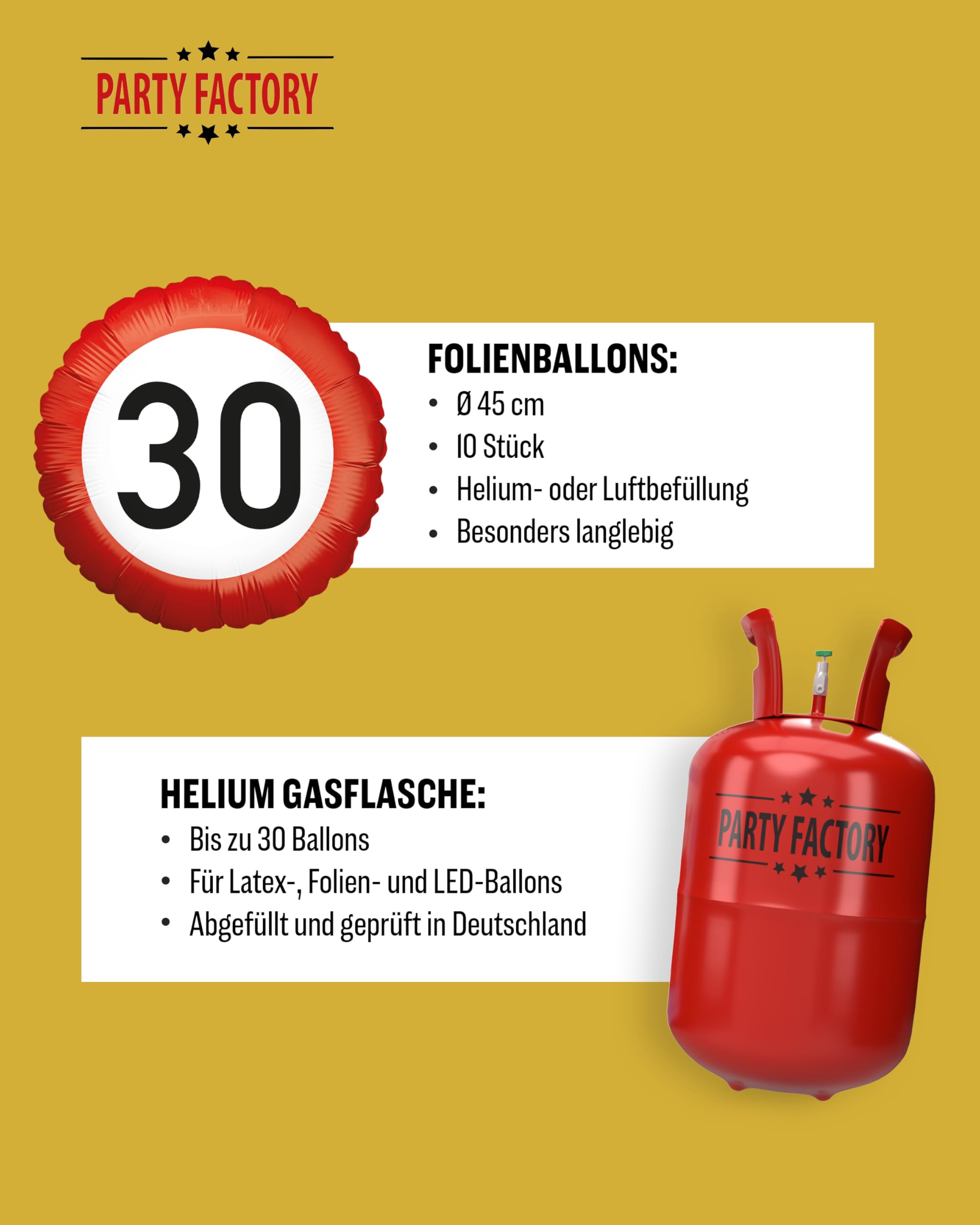 Party Factory 5-teiliges Party Set Happy Birthday 30 mit 8 Papptellern, 8 Pappbechern, 20 Servietten, 10 Folienballons und 1 Heliumflasche für bis zu 30 Ballons