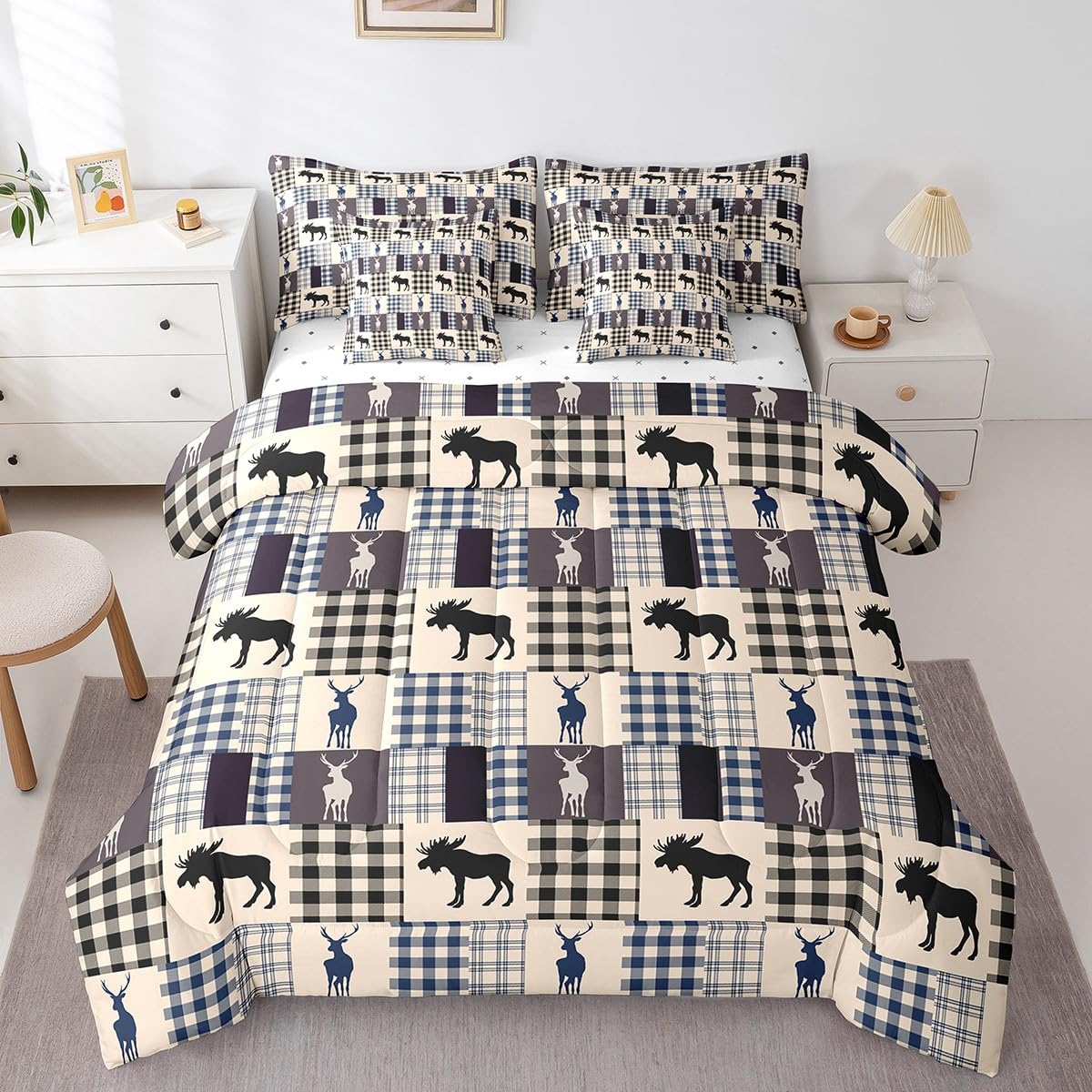 Erosebridal Elk Deer Bed in a Bag Queen Comforter Set 7 Piece, Moose Buffalo Checked Bedding Sets Tropical Jungle Wildlife Plaid Comforter and Sheet Set, Vintage Patchwork Geometry Room Decor