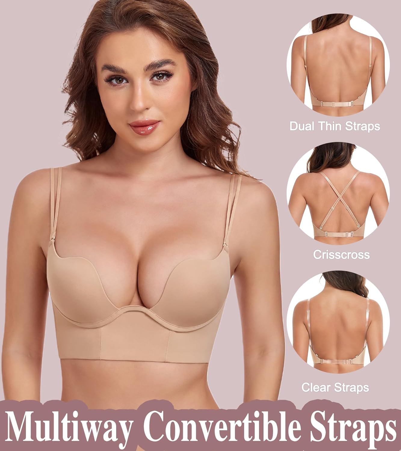 Lemorosy Backless Push Up Bra Low Back Multiway Convertible Deep Plunge Underwire for Support