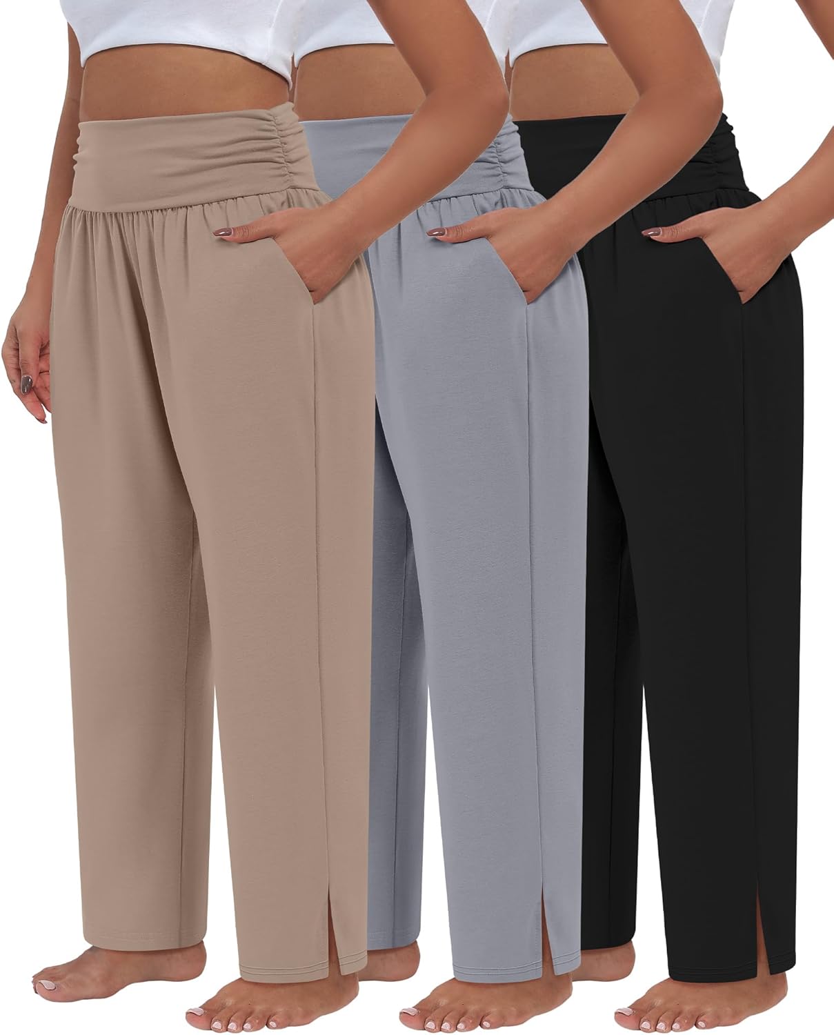 Locoowai 3 Pack Women's Plus Size Pleated Wide Leg Pants, Side Slit Lounge Yoga Pants Casual High Waist Palazzo with Pockets