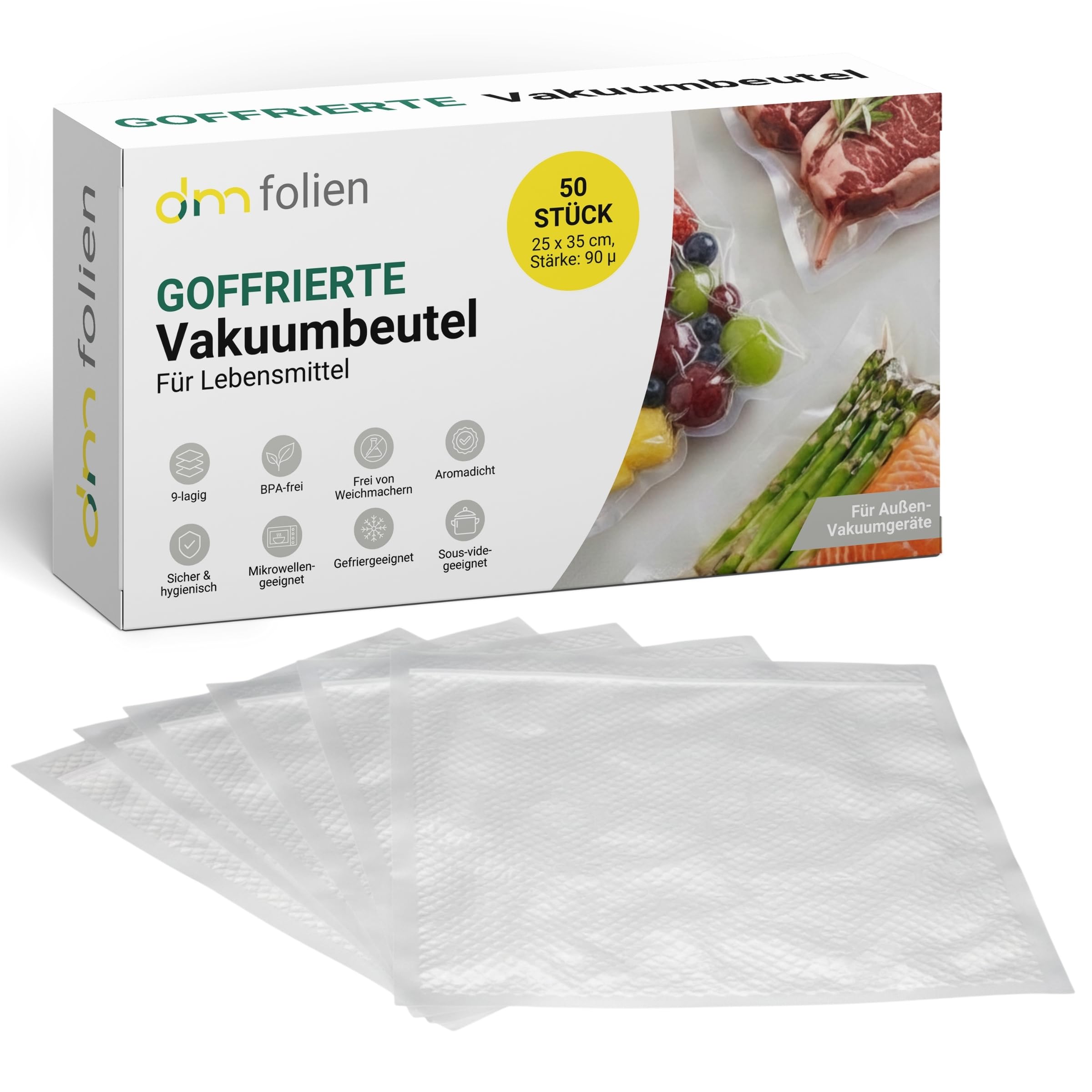 dm-folien Vakuumbeutel 50 Stück I 250 x 350 mm I Goffrierte, reißfeste Beutel alle Vakuumiergeräte I Stärke 90 µ I Lebensmittelecht, BPA-frei, mikrowellen- & spülmaschinenfest Küche, Haushalt & Wohnen