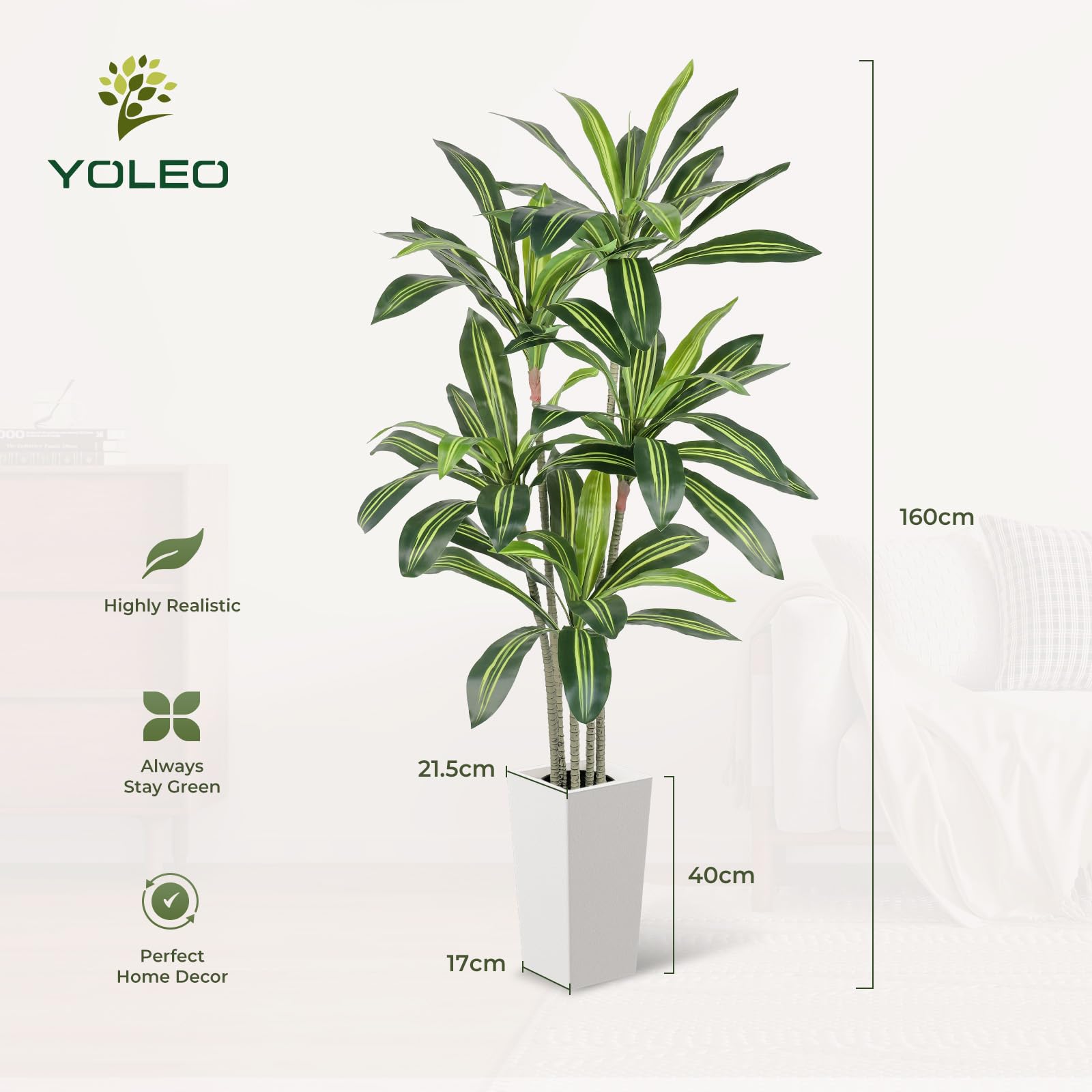 YOLEO Pianta artificiale con drago, 160 cm, con vaso bianco, piante artificiali | Per soggiorno, ufficio, giardino, decorazione per interni, regalo di inaugurazione della casa