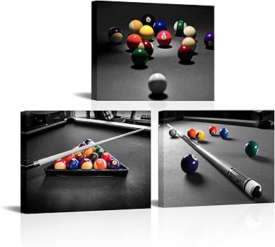 Apicoture Billiards Art Picture Wall Decor - Black And White Billiard Balls Pool Table Room Wall Decor Billiards Poster Prints Framed For Mens Berdroom Office Room Wall Art Ready To Hang (12x16x3Panels)