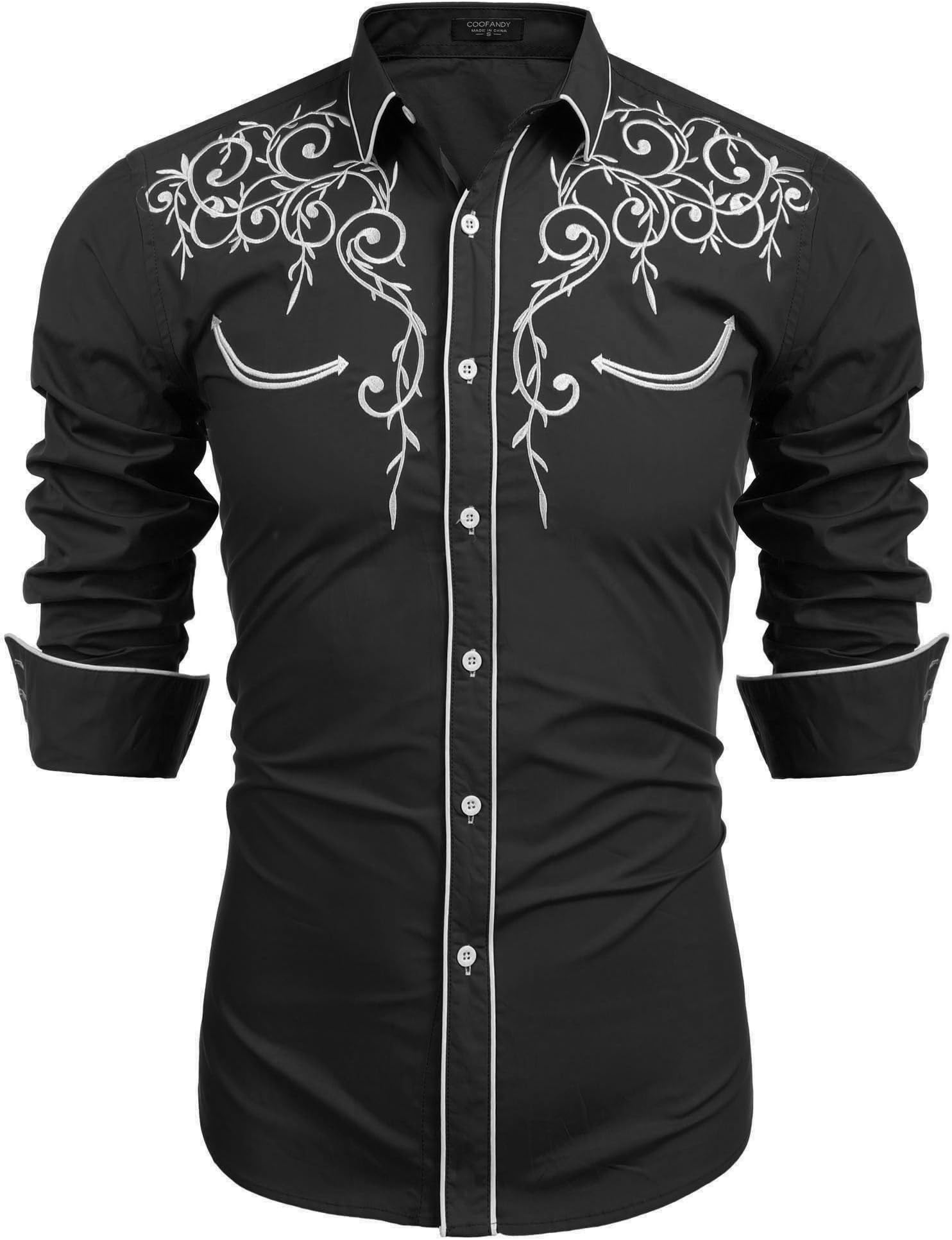 Men's Long Sleeve Embroidered Shirt Slim Fit Casual Button Down Shirts