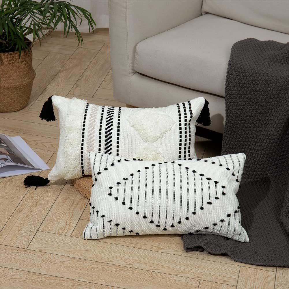 blue page Set of 2 Boho Throw Pillow Covers 12x20 Tufted Woven Decorative Pillows Cover, Neutral Lumbar Small Throw Pillows for Couch Bed, Modern Morocco Farmhouse Cases, Black Yellowy Cream : Home & Kitchen