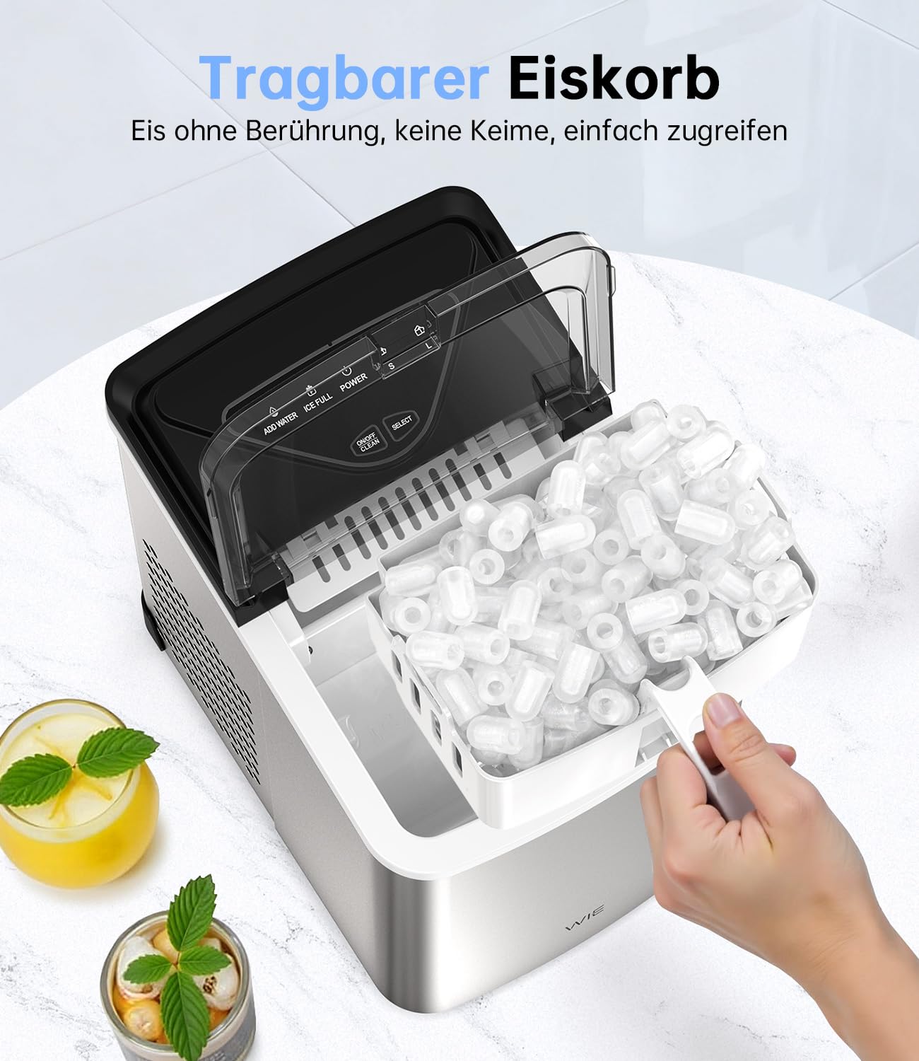 WIE Eiswürfelmaschine, 15KG Eiswürfelbereiter Ice Maker, 9 Würfel in 6 Min, Eiswürfelmaschinen mit Tragbarem Griff, Silber, Eiswürfelbereiter für Zuhause/Küche/Büro/Wohnmobil