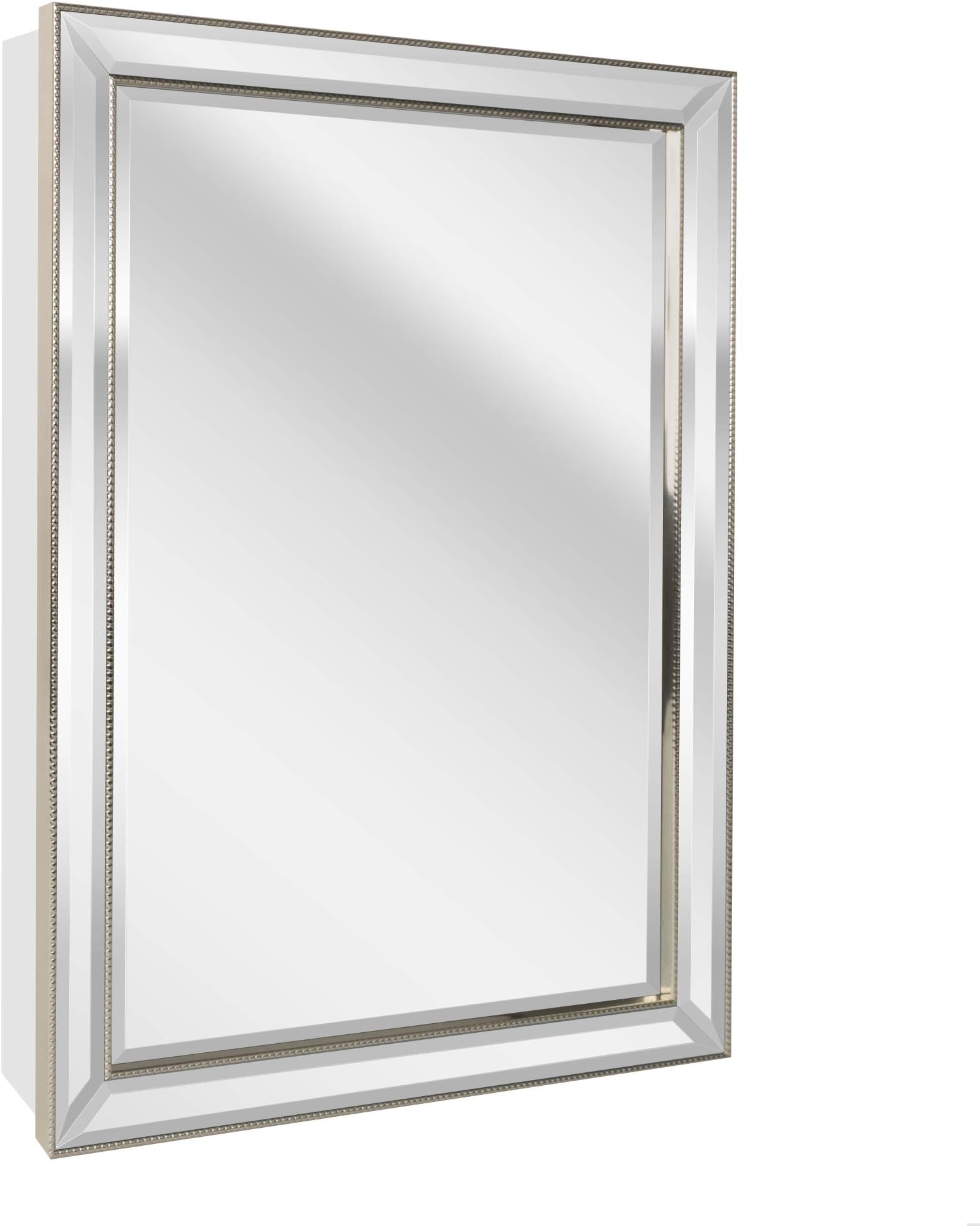 Head West Champagne Silver Stylish Sleek Metro Beaded Medicine Cabinet with Mirror, Bathroom Wall Mount Storage Organizer with Glass Shelves - 22" x 30"