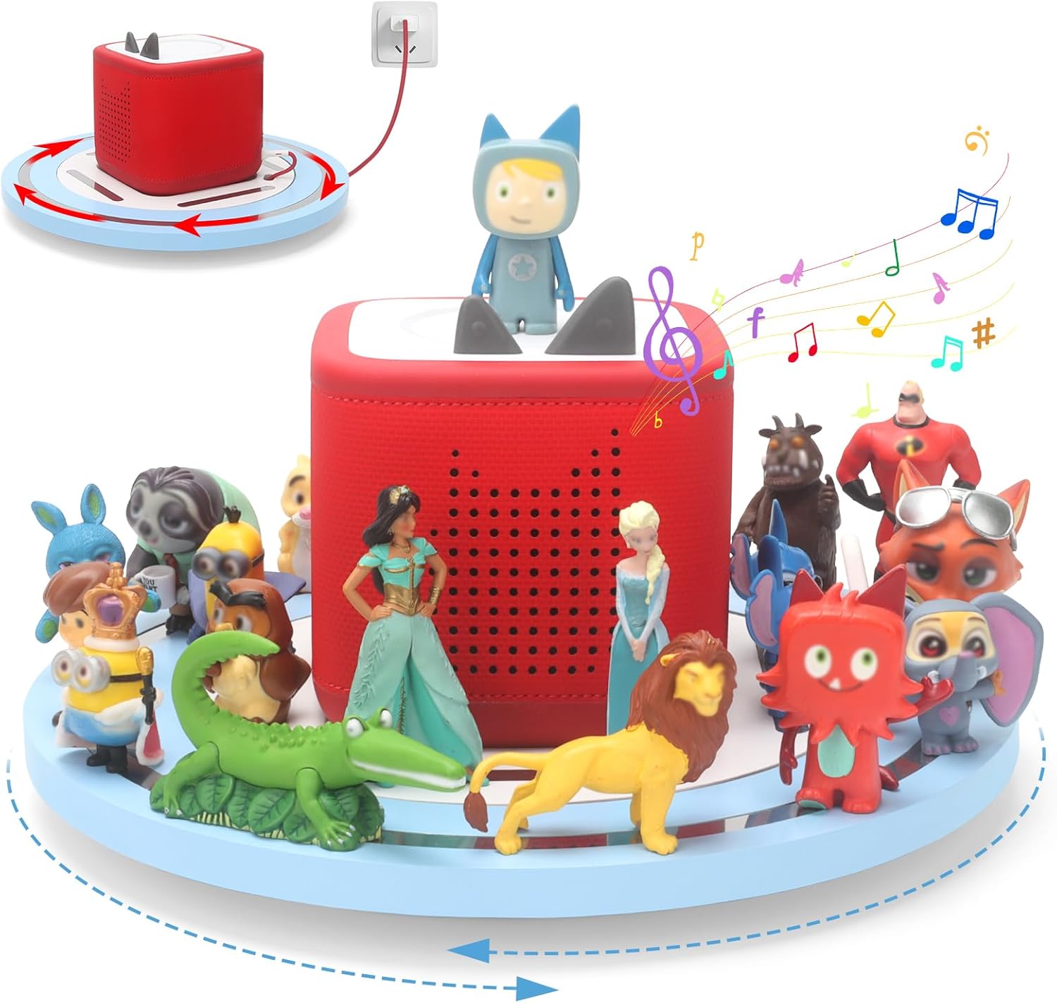 360° Round Turntable for ToniesBox 2 Storage Shelf Magnetic Organizer for Tonies Figures, with Charging Cable Connection Port, Display Collection for 20~30 Tonies Characters (Blue)