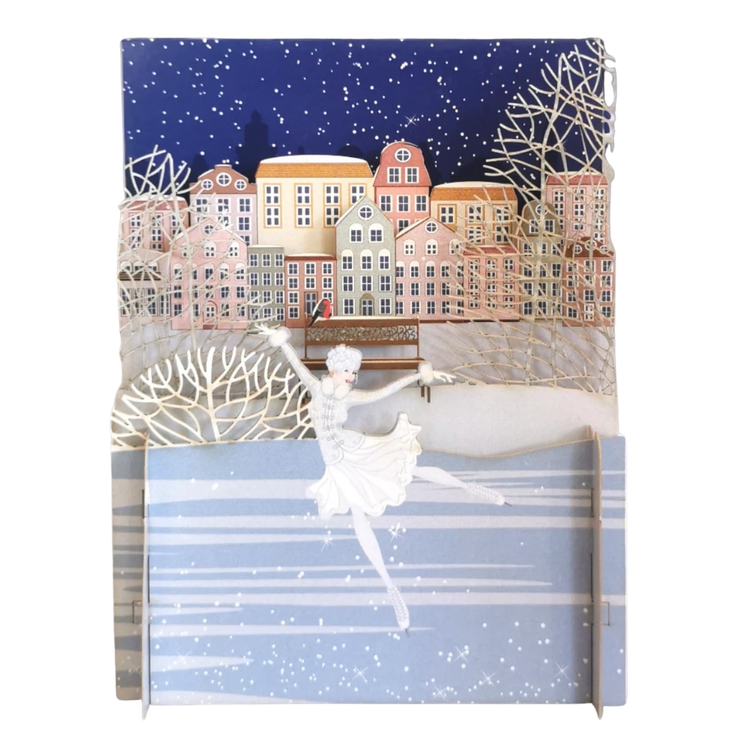 Alljoy 3D Lady Ice Skating Pop Up Christmas Greeting Card XPOP047, White and Gold, 15cm x 15cm or 6" x 6"