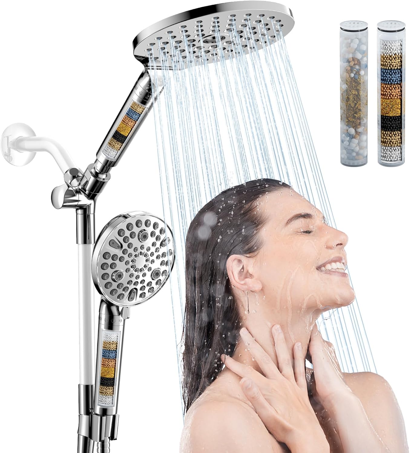 HOWUWEY Filtered Dual Shower Head with Handheld Spray Combo for Hard Water, 7.5-inch Modern High Pressure Shower Head with 9-mode Handheld and Filter, 79-inch Hose (Filtered, Chrome)