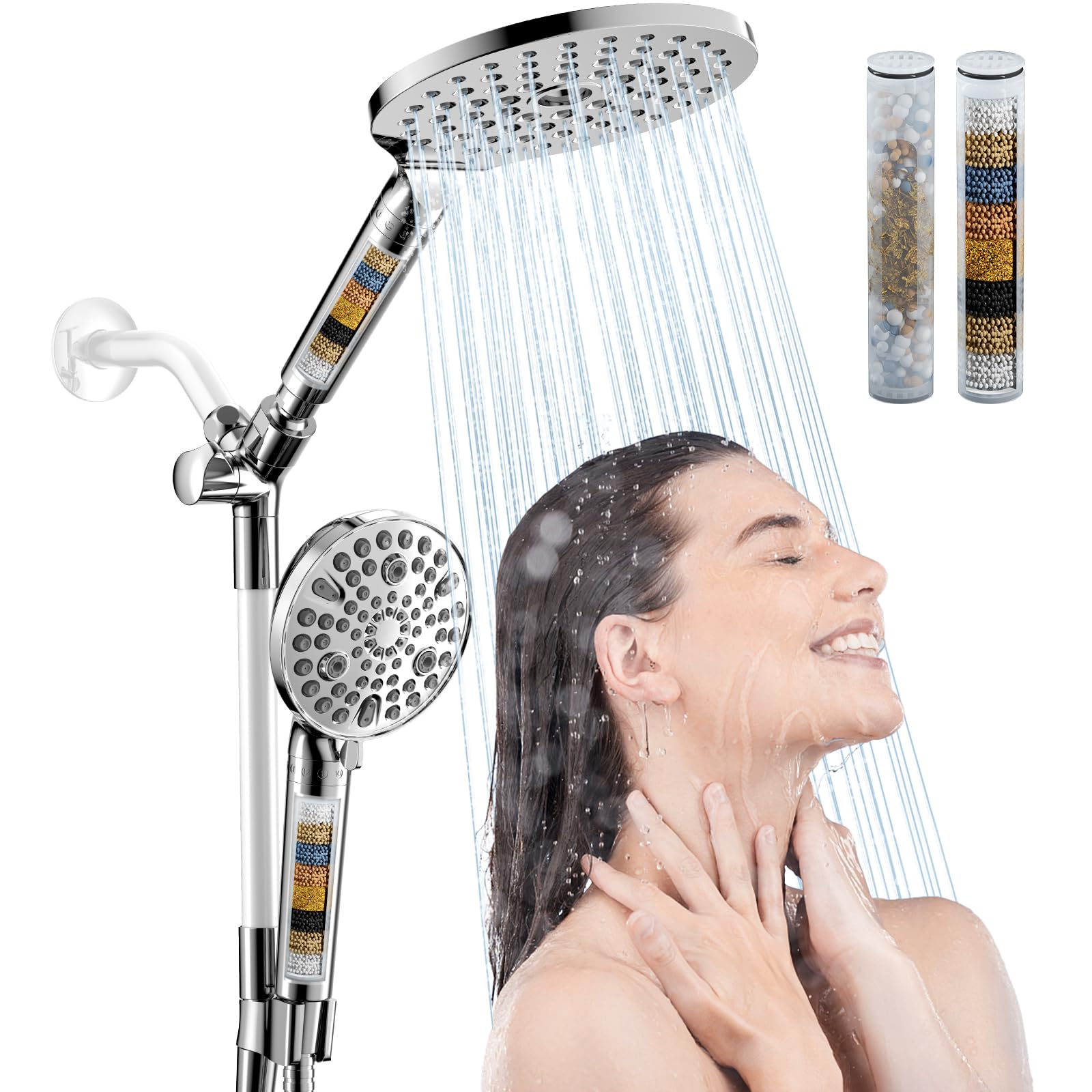 HOWUWEY Cabezal de ducha doble filtrado con rociador de mano combinado para agua dura, cabezal de ducha moderno de alta presión de 7.5 pulgadas con 9 modos de mano y filtro, manguera de 79 pulgadas