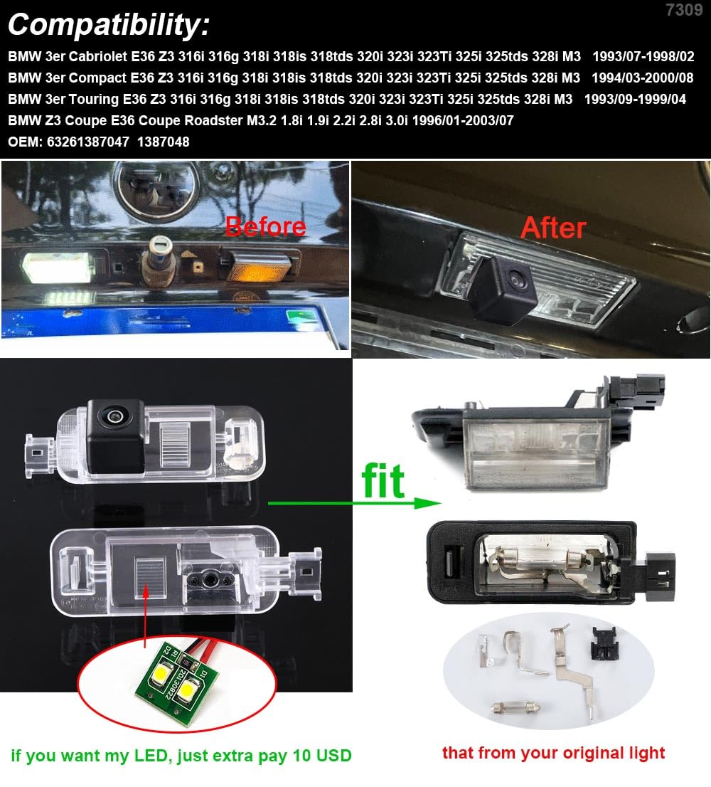 Cámara de marcha atrás para coche para aparcamiento BMW 3ER Cabriolet CompactTouring E36 Z3 316i 316g 318i 318is 318is 318tds 320i 323i 323Ti 325i 325tds 328i M3 Z3 Coupe Roadster M3