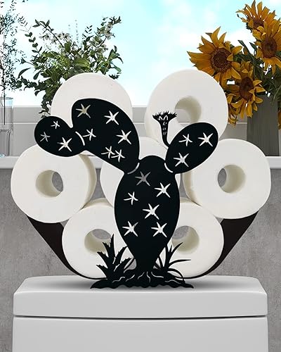 Gojoamoy Soporte de papel higiénico de cactus, decoración de metal, 8 rollos de almacenamiento de papel higiénico, cesta de pañuelos independiente,