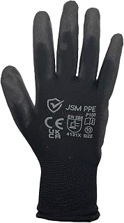 JSM PPE Work Gloves PU Coated 12 Pairs, P100, Black Working Gloves with Coating for Grip on Palm & Fingers, Up to XXL, General Duty Work, Gardening (L)