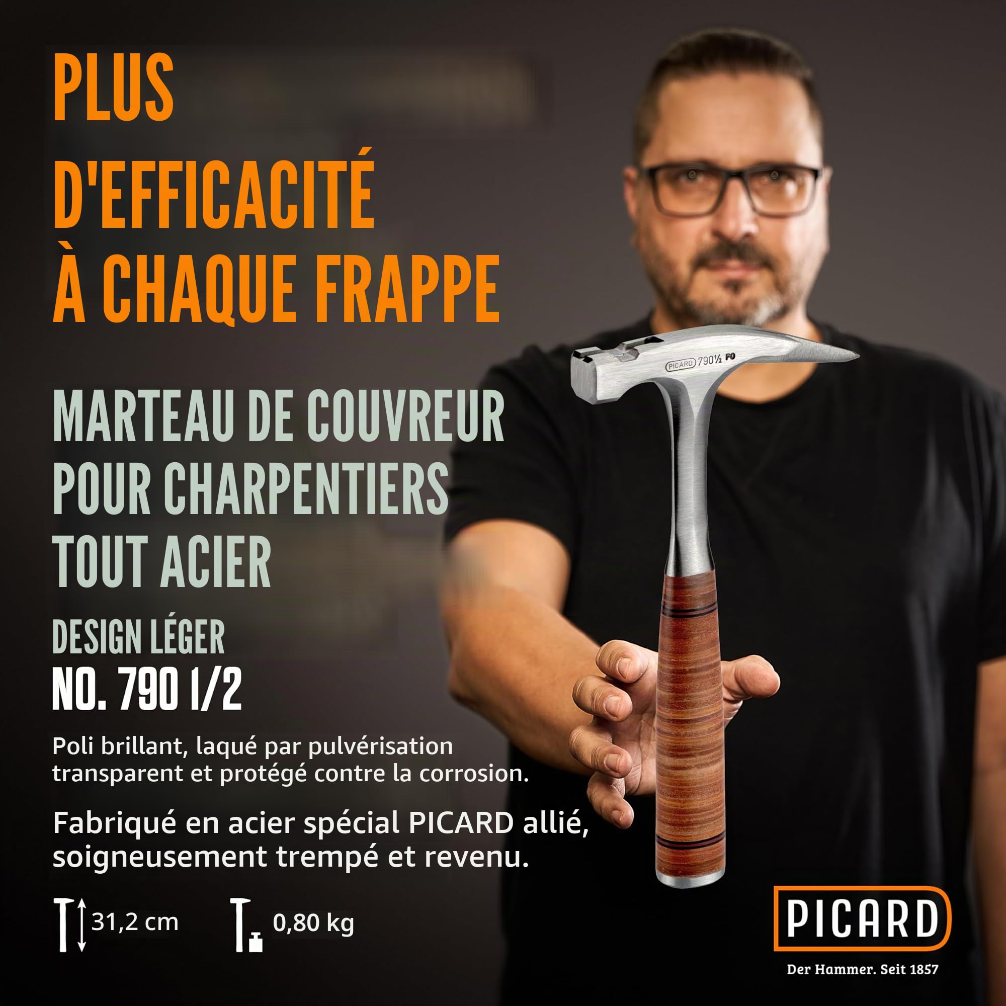 PICARD Marteau de charpentier, version légère, no. 790 1/2 lisse | Outil tout acier avec porte-clou magnétique | Marteau couvreur professionnel équilibré avec poignée cuir | Red Dot Award