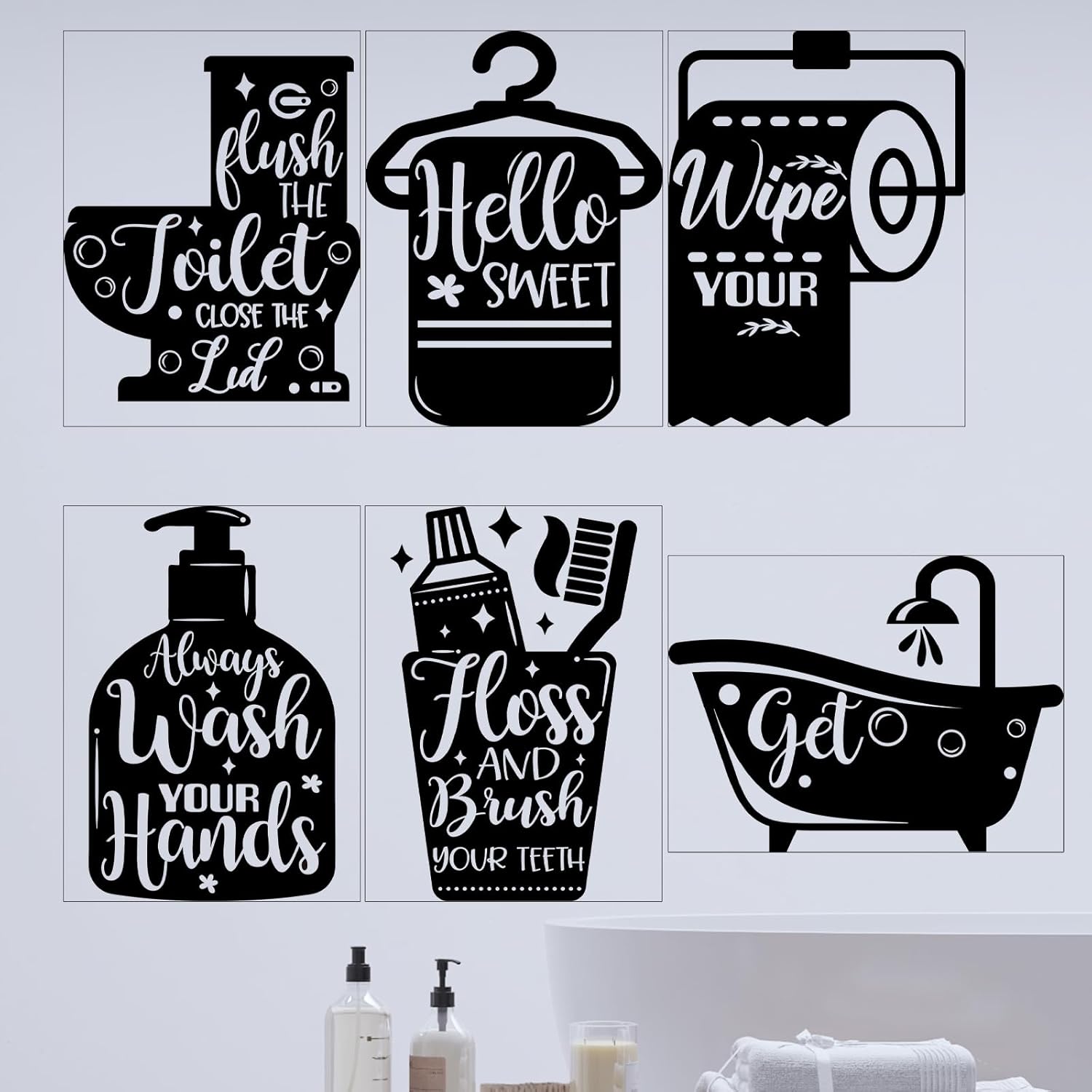 Zonon 6 Pieces Bathroom Wall Decals Sticker Bathroom Funny Sayings Quotes Wall Decor Vinyl Rules Sign Art Decals for Toilet Laundry Room Shower Room Decoration(Black and White)