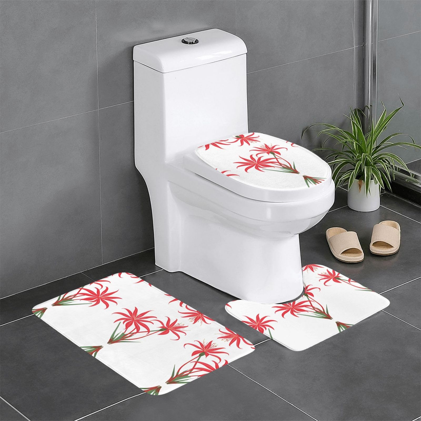 Tapis de douche ovale et rectangulaire lot de 3 motif lys rouge WC