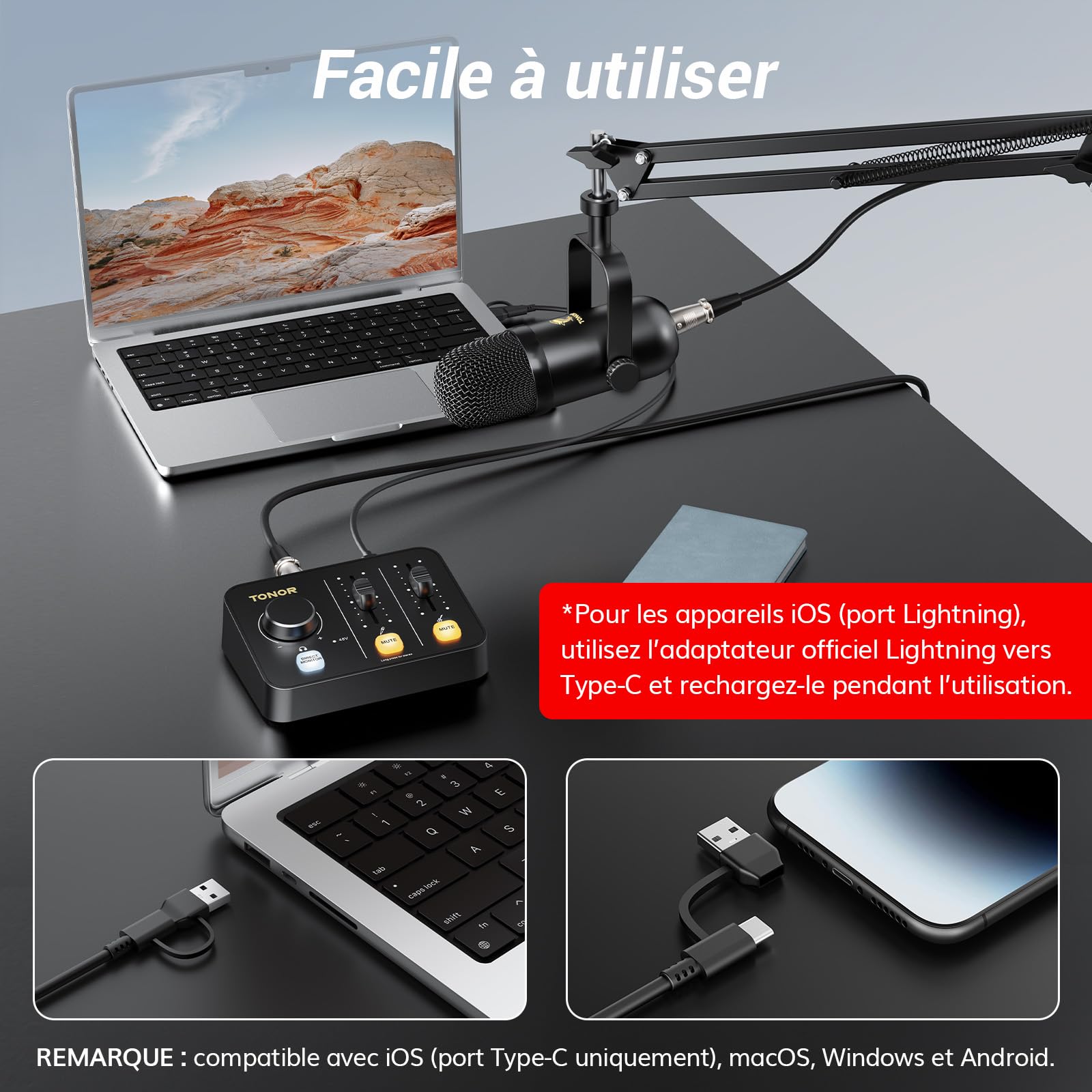 TONOR Ensemble D'équipements de Podcast, Mixeur Audio avec Micro Dynamique ou Perche, Microphone XLR avec Interface Audio de Studio, Pack tout-en-un pour Podcasting, Streaming, Enregistrement POD-1