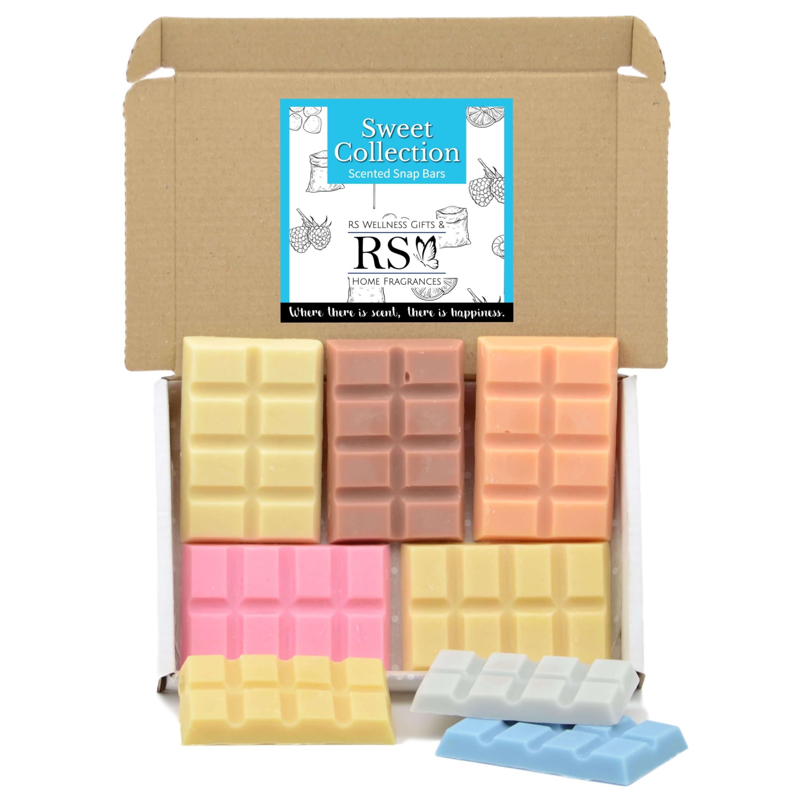 RS Wellness Highly Scented Sweet Collection Wax Melts - 8 x Snap Bar Box - Tutti Frutti, Sweet Dip, Cola Cubes, Bubblegum, JellyBean, Strawberry Bon Bon, Monkey Farts, Fruit Salad - Handpoured Soy Wax