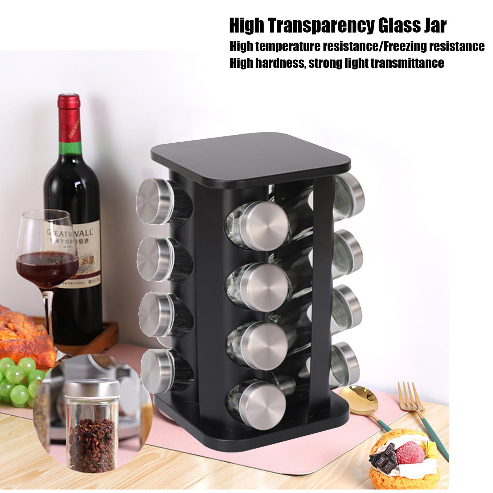 Estante de especias giratorio con 16 tarros de especias, organizador de torres de especias de cocina para mostrador o gabinete, gadgets de cocina (Black, SquareHead_16Jars)