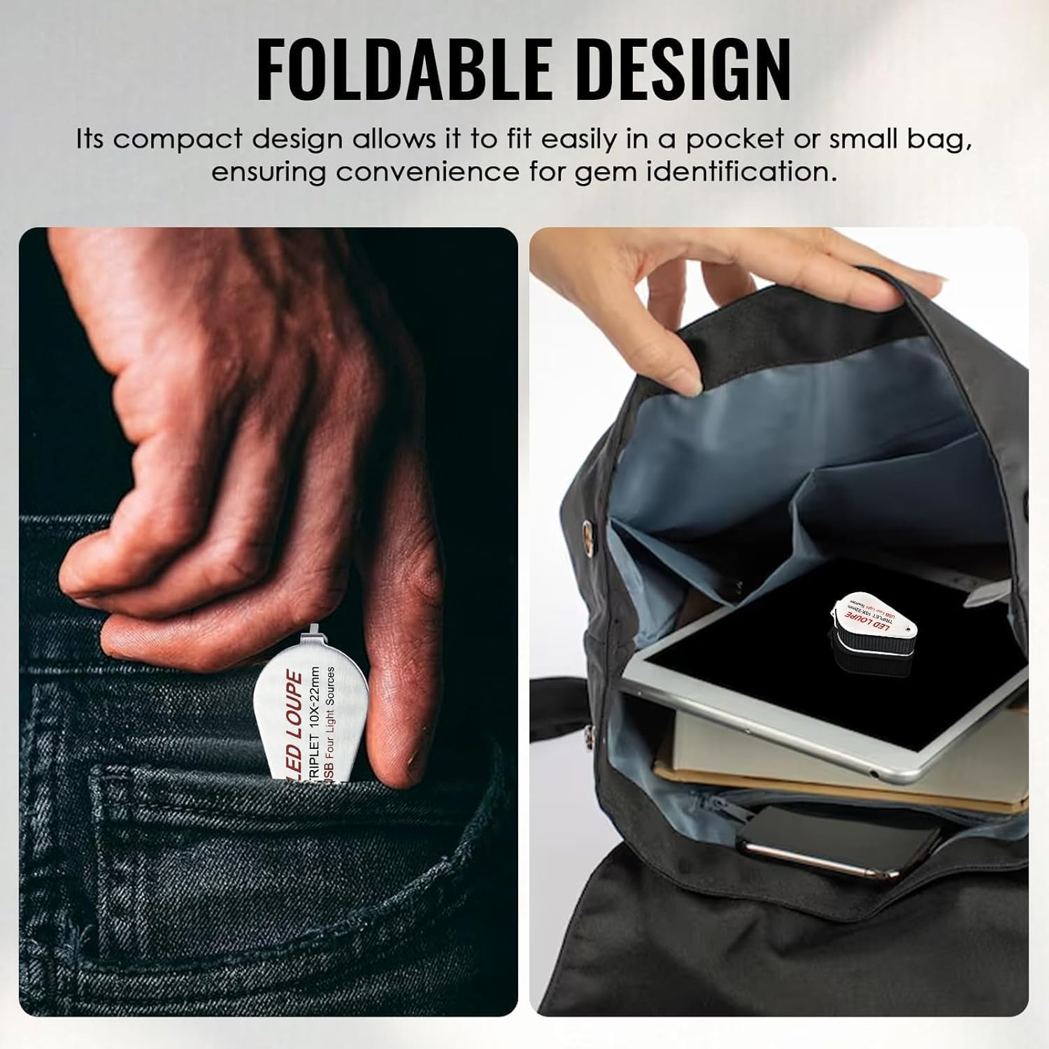 Rechargeable 10X Jewelry Loupe Magnifier, 22mm Triplet Optical Glass Lens, USB-C Foldable Metal Loupe with 4 LED Light Modes, Jewelers Magnifier for Gemstones, Diamonds, Coins, Watches & Stamps
