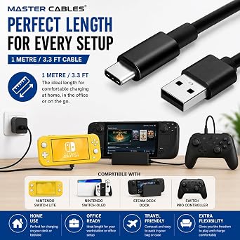 Master Cables USB Charging Cable Compatible with Nintendo Switch Lite, Switch OLED, Steam Deck Dock & Switch Pro Controller Replacement USB Charge Lead 1 Metre / 3.3ft Cable
