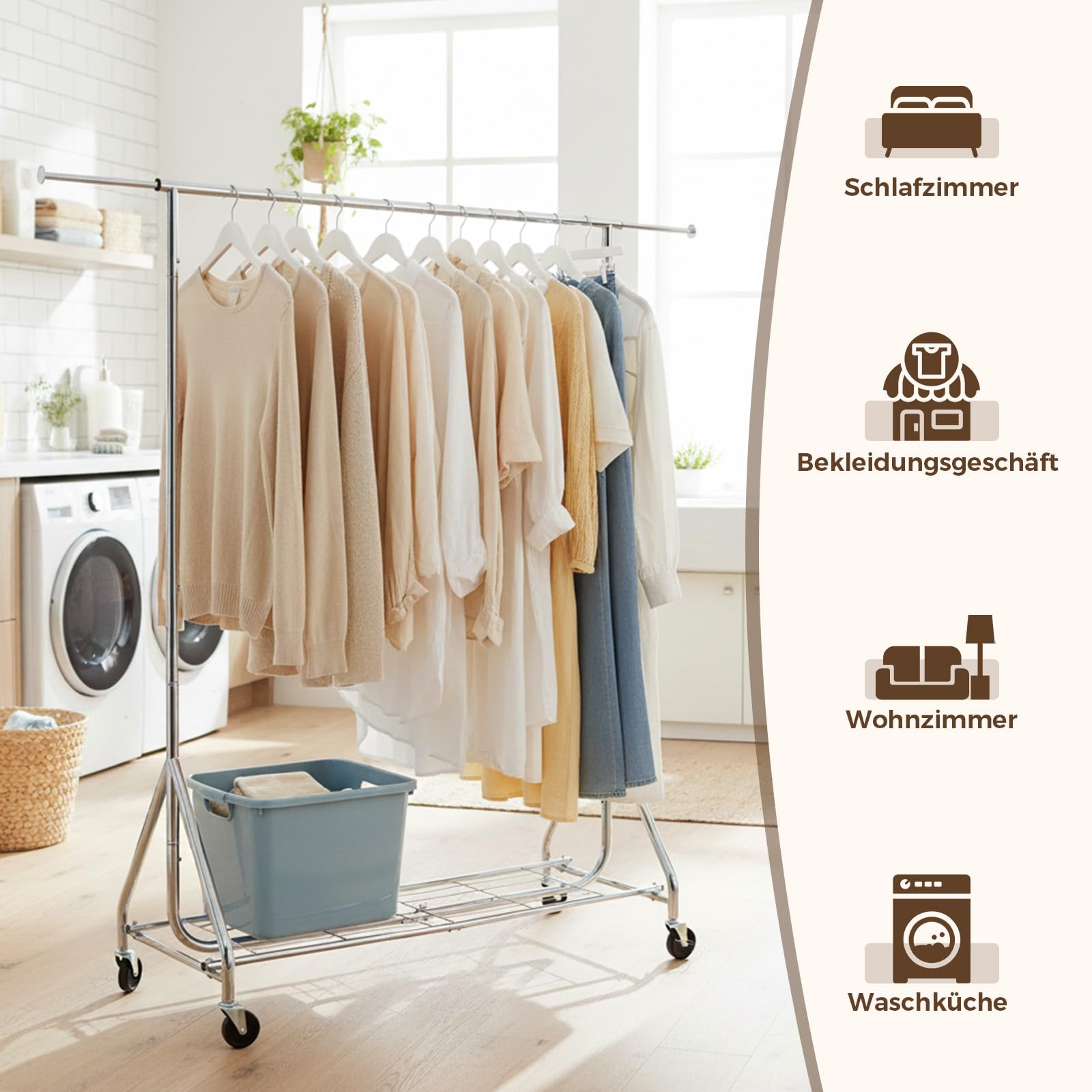 Kleiderständer auf Rollen, Garderobenständer, Kleiderstange Ausziehbar | Metall Schwerlast mit Aufbewahrungsgitter, bis 210 kg belastbar, Länge 125-177 cm, für Schlafzimmer, Garderobe, Waschküche