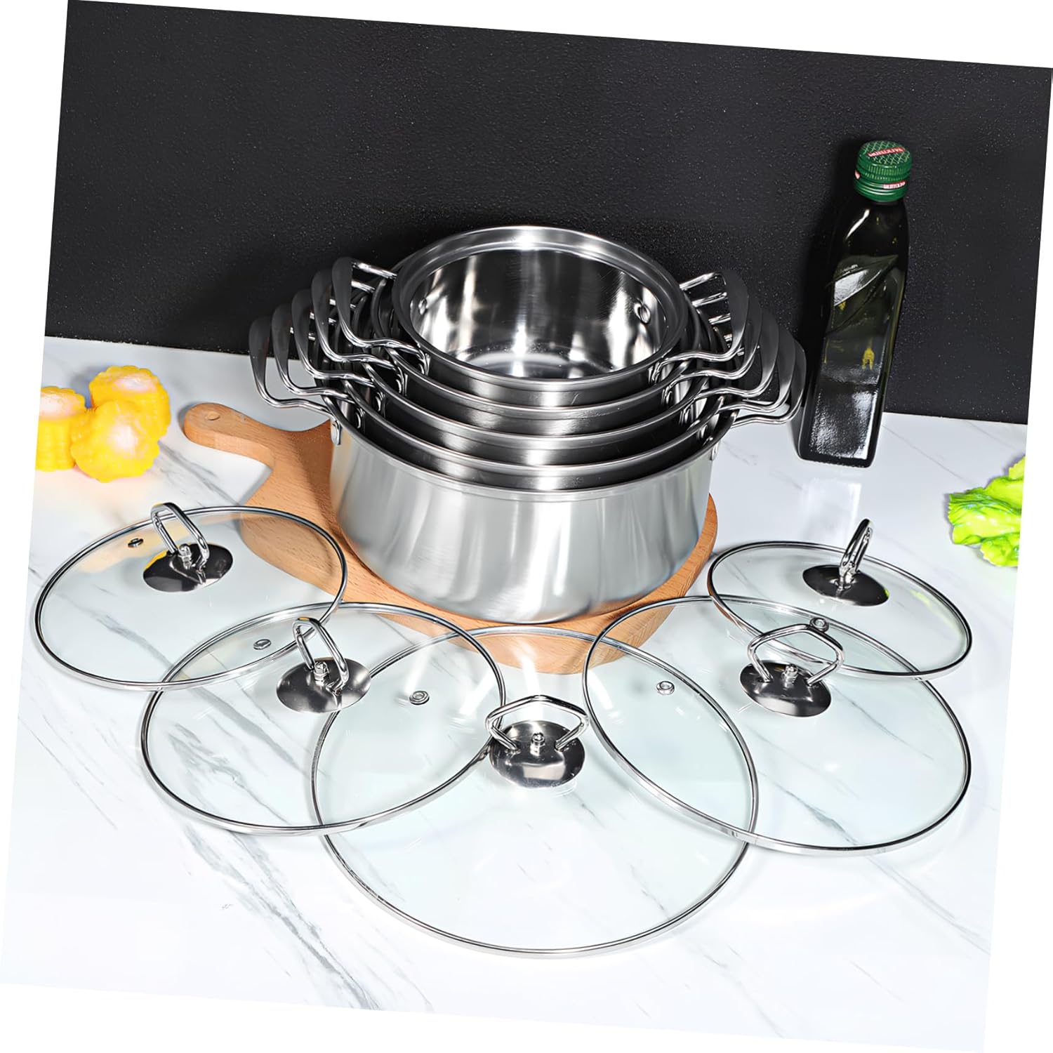 OUNONA 5 Sets Stainless Steel Induction Stockpot Set with Glass Lids Double Handles for Safe Carrying Non Slip Heat Resistant Cooking Pots for Soup Stew and Porridge in Kitchen Cookware