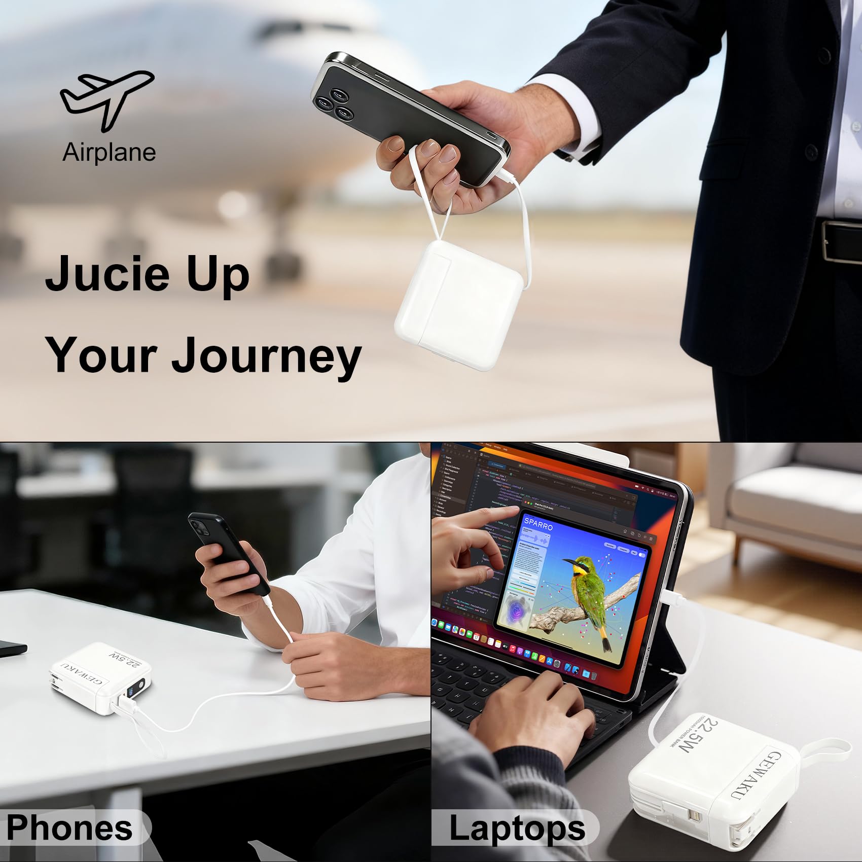 Caricabatterie portatile Power Bank per iPhone 16, 22,5 W, ricarica rapida, cavo integrato e spina a muro AC, 3 in 1 compatto 15000 mAh, batteria USB-C essenziale da viaggio per iPad, Android