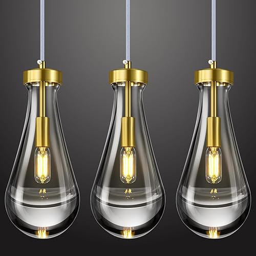 Juego de 3 lámparas colgantes con forma de gota de lluvia, para isla de cocina, lámparas colgantes de cristal sólido transparente, lámparas modernas