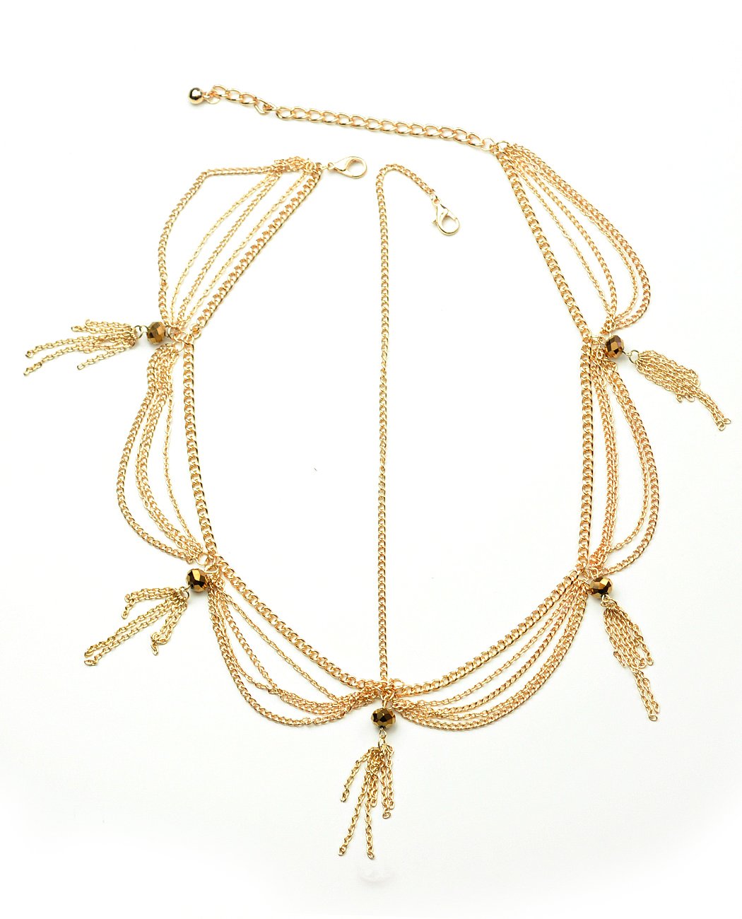 Women's Bohemian Fashion Head Chain Jewelry - 4 Draping Chain Strand Faceted Bead Charm, Gold-Tone
