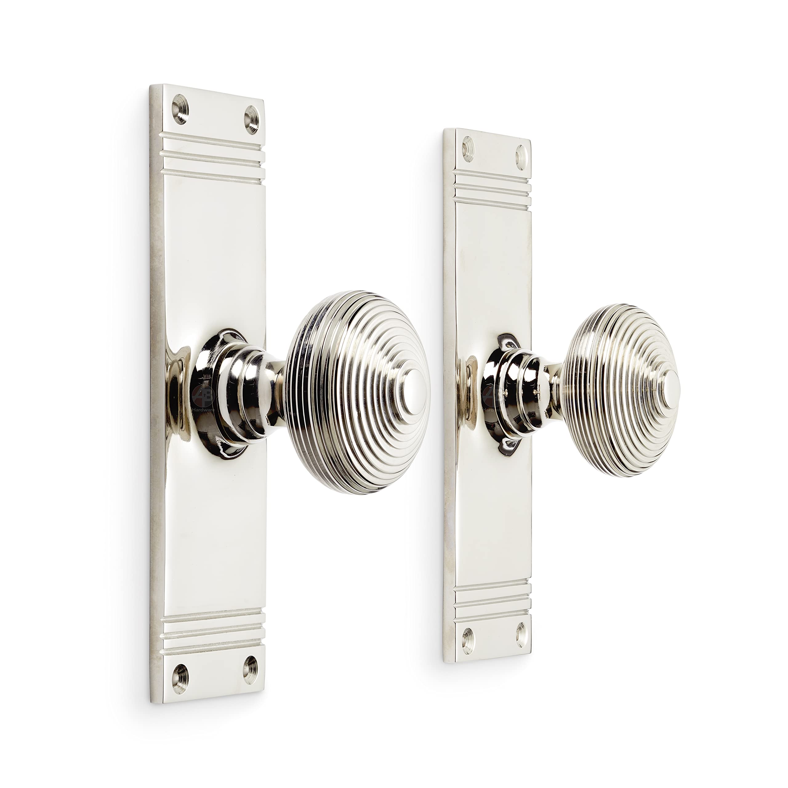 Ab Hardware Polished Nickel Solid Brass Beehive Door Knobs On Backplate Mortice Reeded Pair Set (Polished Nickel)