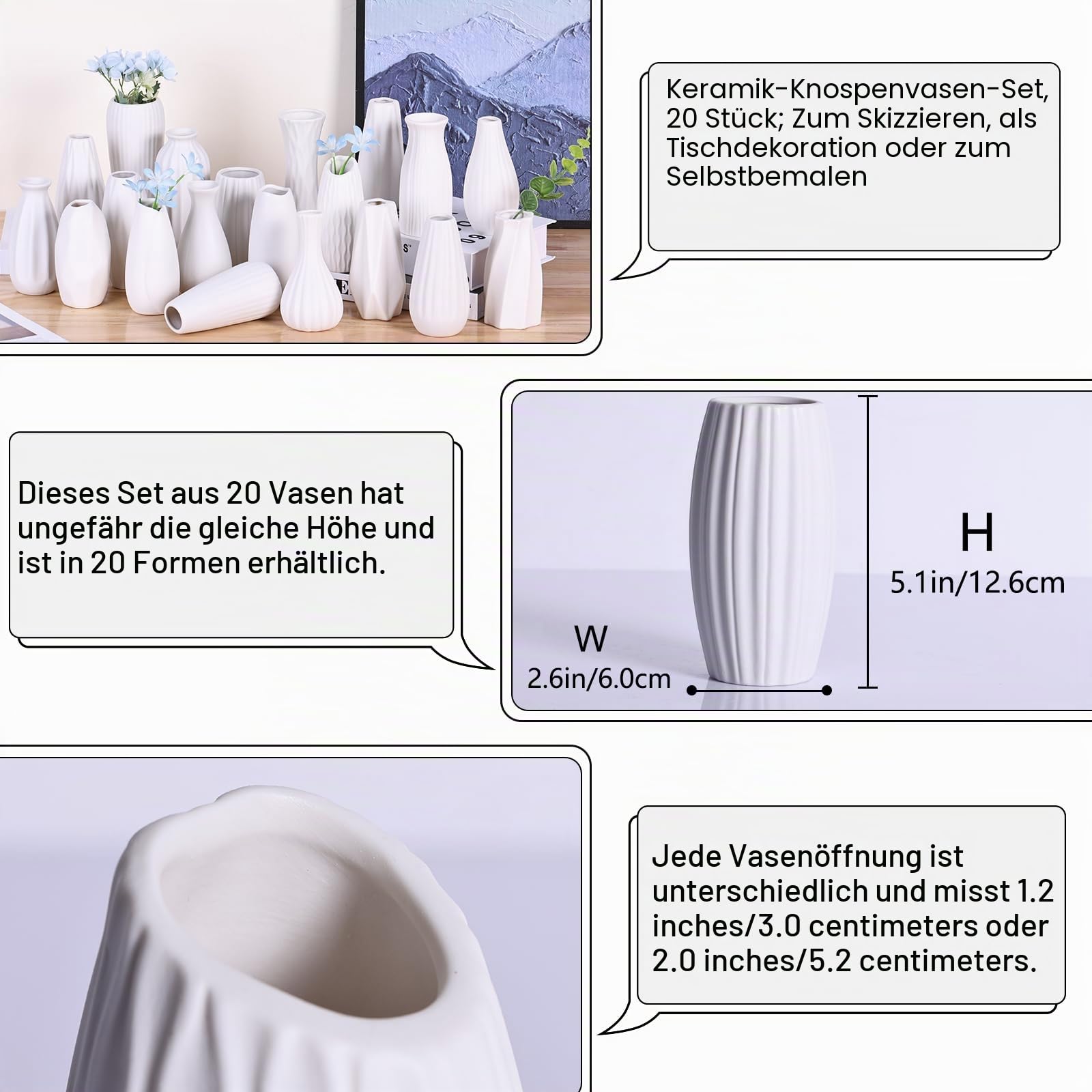 LCCCK Kleine weiße Vasen, Set mit 20 Stück, für Tischdekoration und Hochzeit, Keramik, bemalbar, Boho-Mini-Einzelblumenvase, Japandi-Design