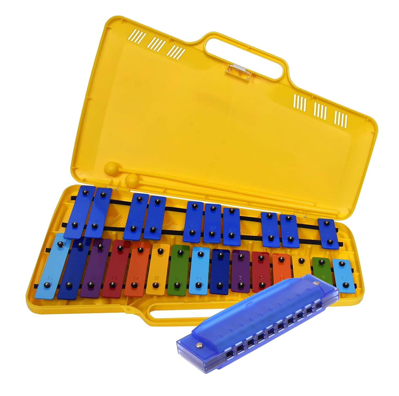 ROCKSTAR MUSIC - Pack de Xilófono AX25N3 y Armónica L418 Instrumento Musical, Metalófono, Carrillón, Glockenspiel 25 Notas Metálicas Mazas y Estuche