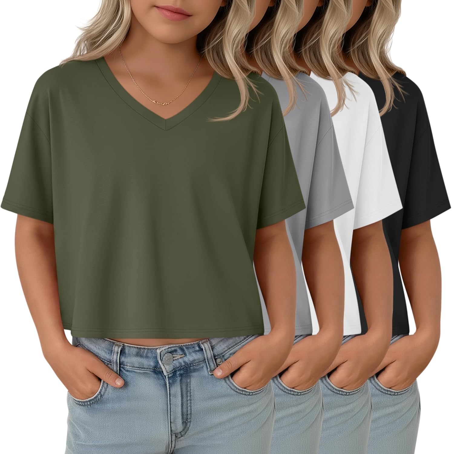 4 Pack Girls V Neck Crop Tops Kids Drop Shoulder Short Sleeve T Shirts Loose Fit Workout Tees 5-14 Years