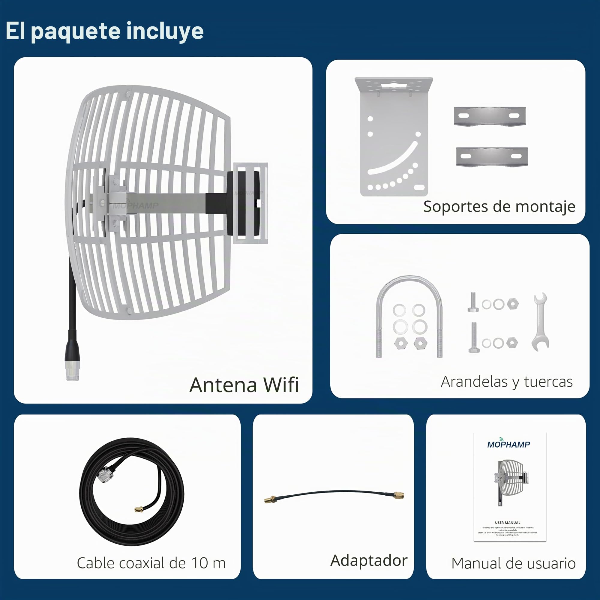 Antena WiFi con Ganancia de 17dBi - Recepción WiFi de Larga Distancia hasta 15 km, Resistente a la Intemperie, Incluye Cable de Baja pérdida de 10 m, Compatible con SMA y RP-SMA (2,4 GHz)