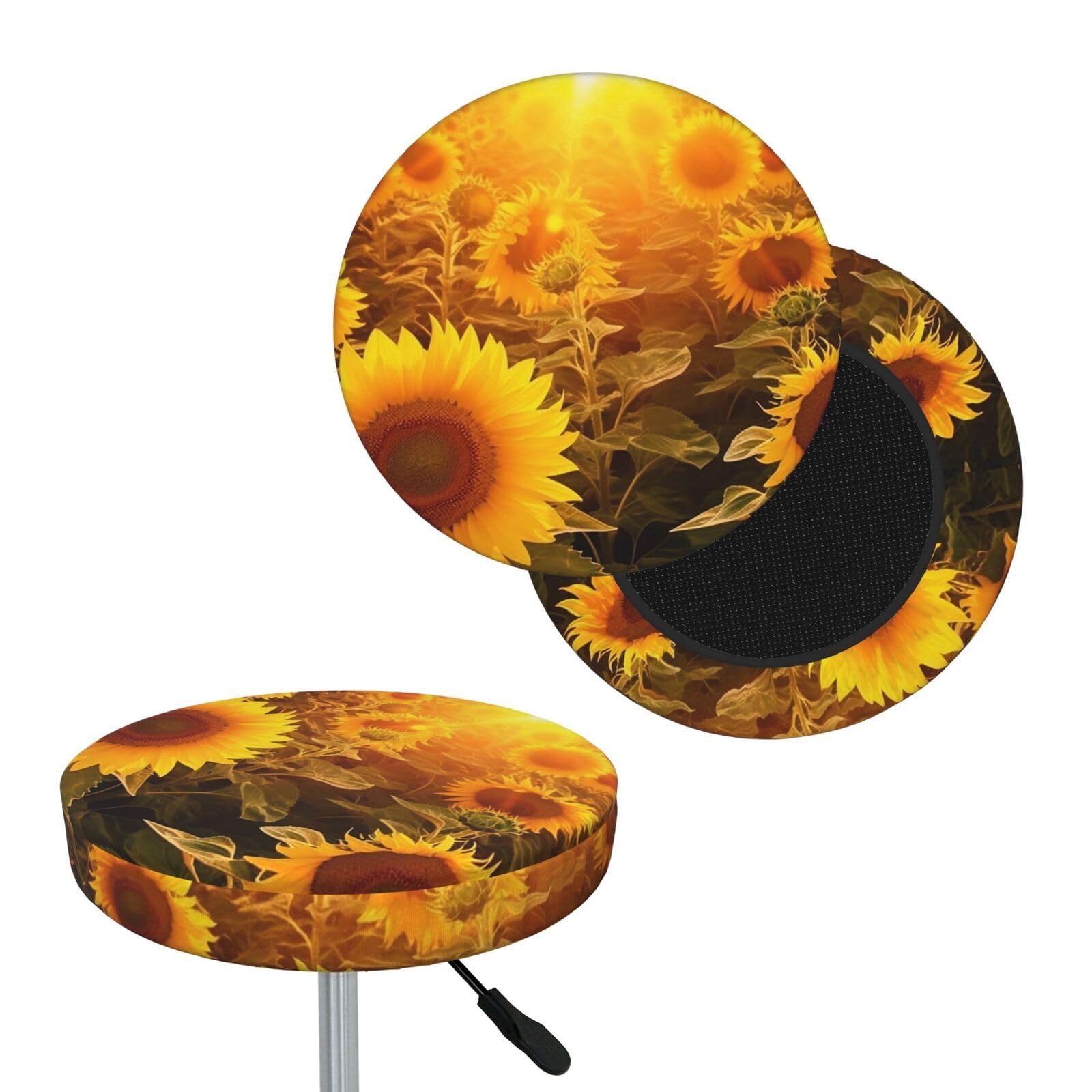 FodPand Sunshine Sunflower Field Bar Stool Cover Round Elastic Stool Cushion Covers Washable Bar Stool Chair Slipcover Stretch Stool Seat Covers for 12-14 Inch Chair
