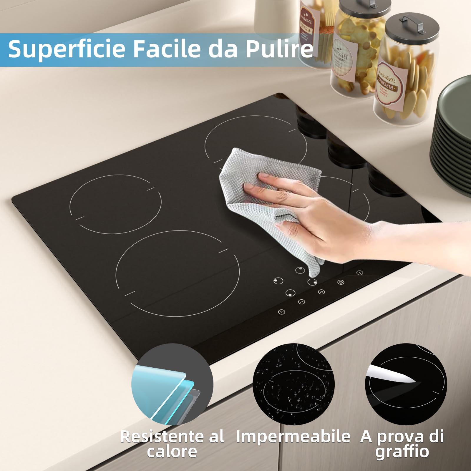 WEHIMO Piano Cottura in Vetroceramica 4 Fuochi, Piano Cottura Elettrico, 59cm, 6000W, 4 Zone di Cottura, 9 Livelli di Riscaldamento, Timer, Controllo Tocco, Sicurezza Bambini