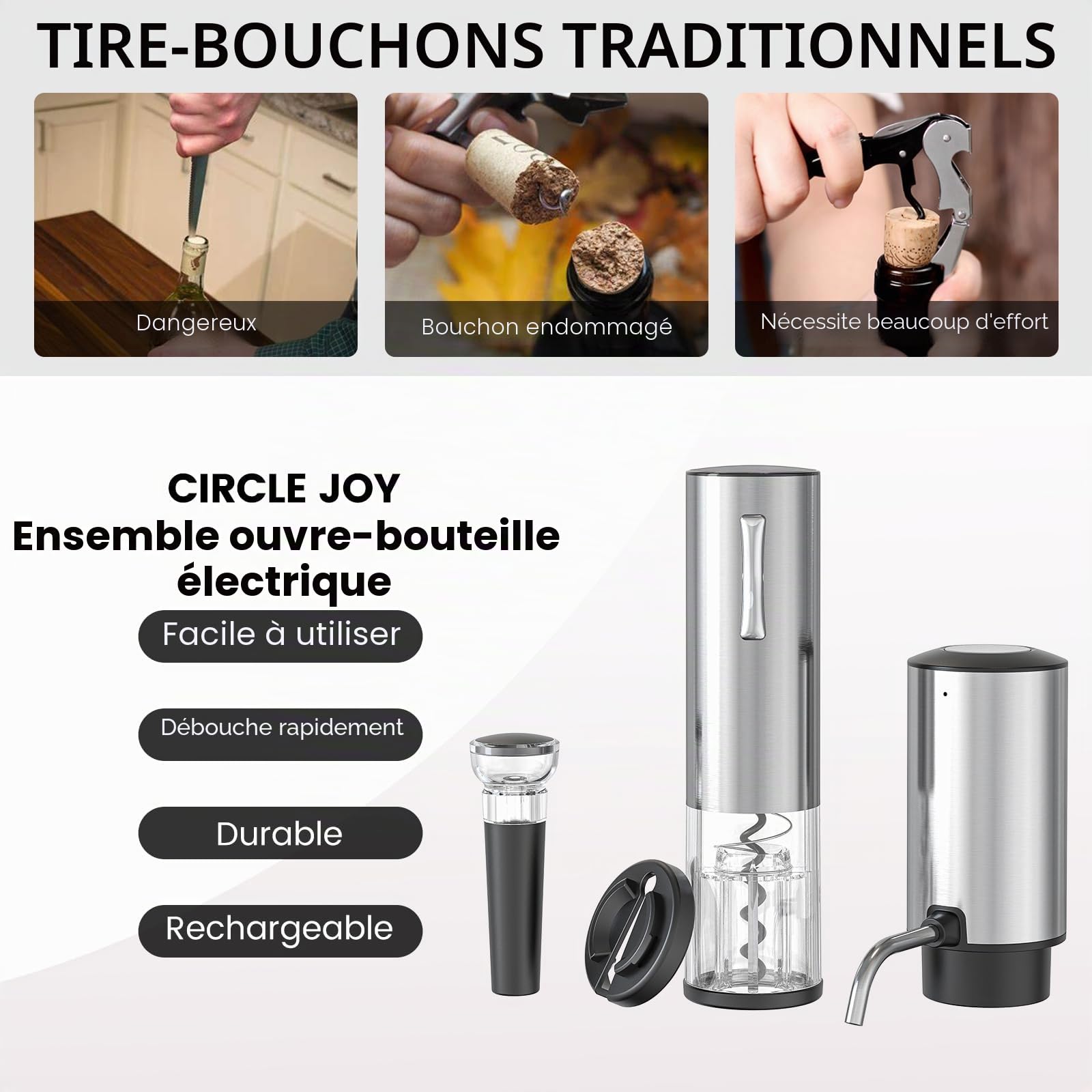 CIRCLE JOY Ensemble de Tire Bouchon Électrique 4-en-1 avec Ouvre Bouteille Rechargeable, Verseur Rechargeable, Coupe-Capsule et Bouchon à Vin sous Vide, Ensemble Cadeau pour Amateurs de Vin, Argent