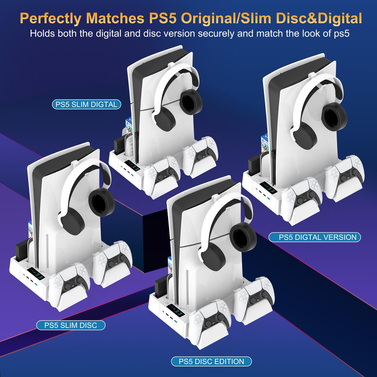 Stacja chłodząca PS5/Slim do PS5 Disc & Digital, stojak chłodzący PS5 z podwójnym kontrolerem ładowanie do konsoli PlayStation 5, wielofunkcyjna ładowarka do PlayStation 5, akcesoria, kontroler