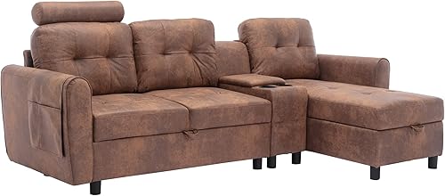 Sofá modular con diván de almacenamiento, estilo moderno, tapizado, de piel sintética, en forma de L, con dos portavasos para sala de estar,