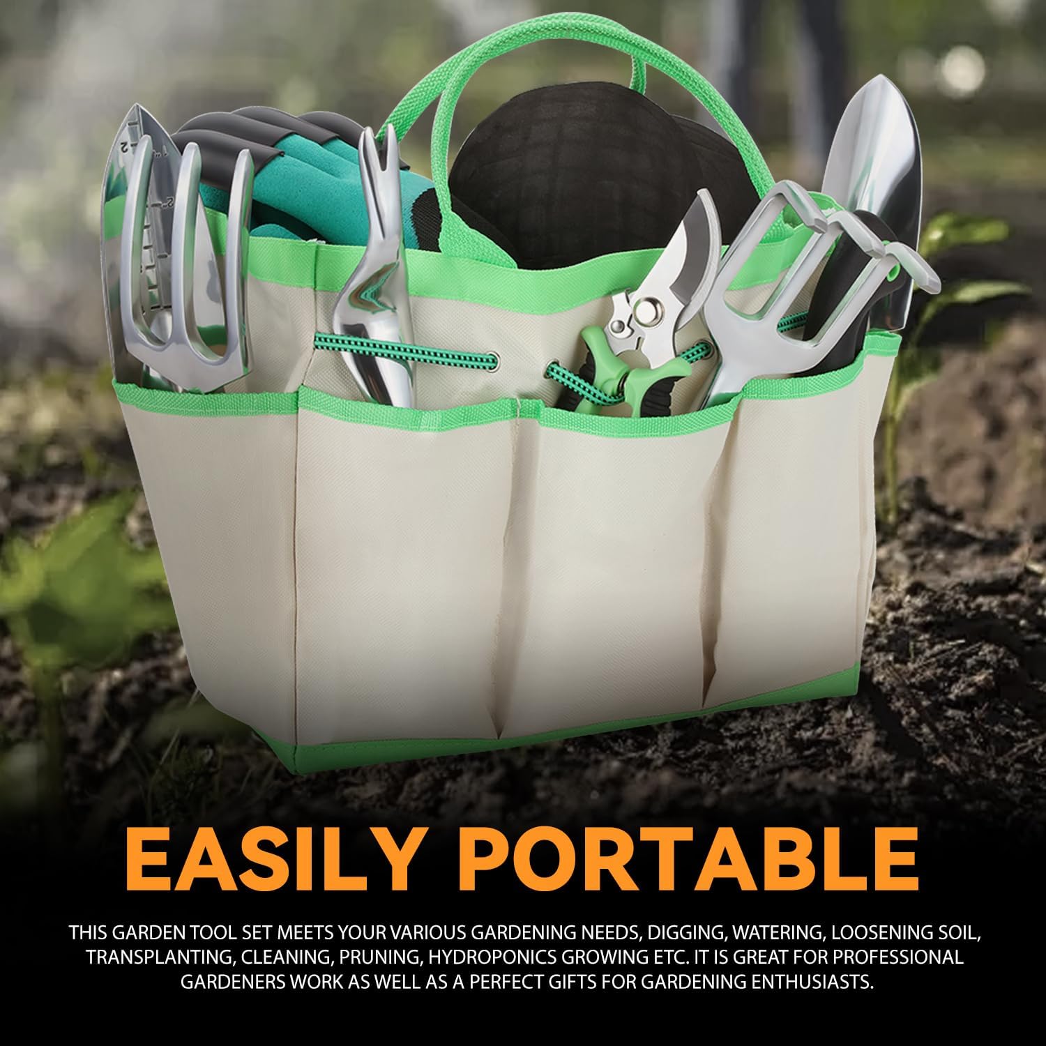 Auto Dynasty 12pcs Home Household Tool Set Outdoor Garden Tool Kit for Planting, Pruning, and Maintenance with Carrying Tote, Green