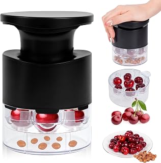 Cherry Pitter, 7-Hole Long Plunger Push Button Cherry Core Remover Tool with Splatter Protector, Quickly Pitting Cherries for Making Jam, Pies (Black)