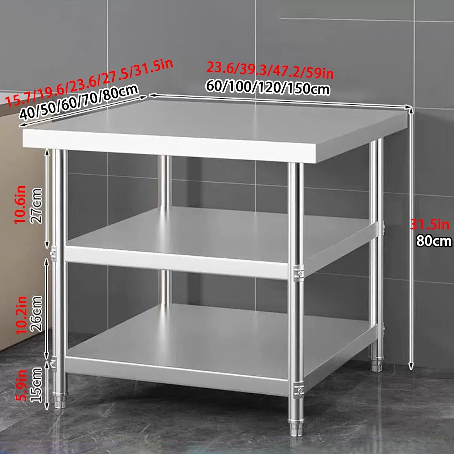 Stainless Steel Work Table, Commerical Prep Table, Food Prep Worktable, 3 Layer Kitchen Prep Table with Adjustable Foot, Catering Work Table for Kitchen Restaurant Home(150x50x80cm)