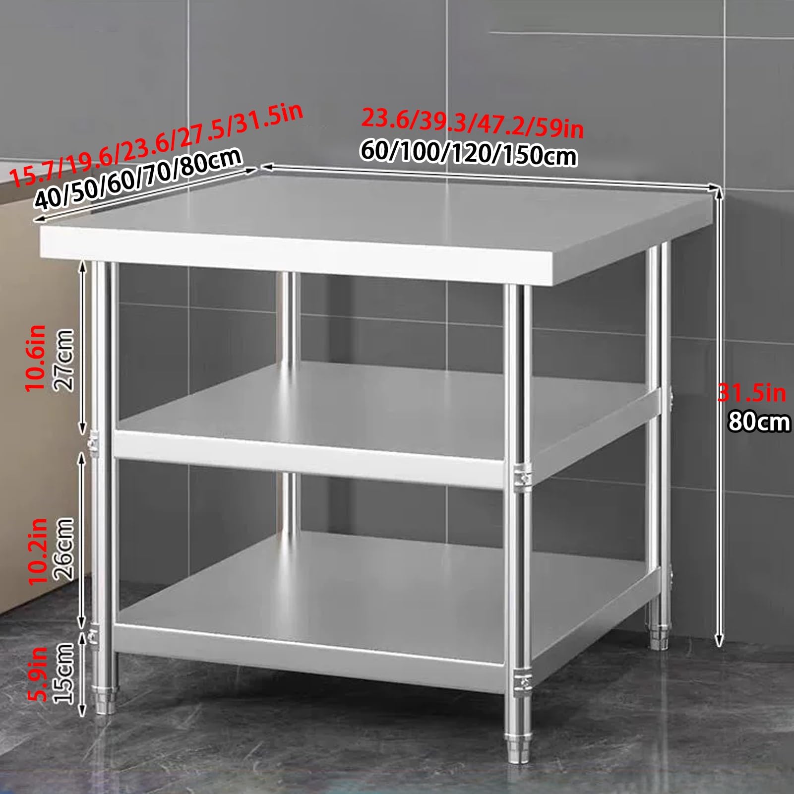 Tavolo da Lavoro da Cucina, Tavolo da Lavoro in Acciaio Inossidabile, Tavolo da Preparazione della Cucina a 3 Strati, Tavolo da Lavoro in Acciaio Inox con Piedino Regolabile(150x70x80cm)