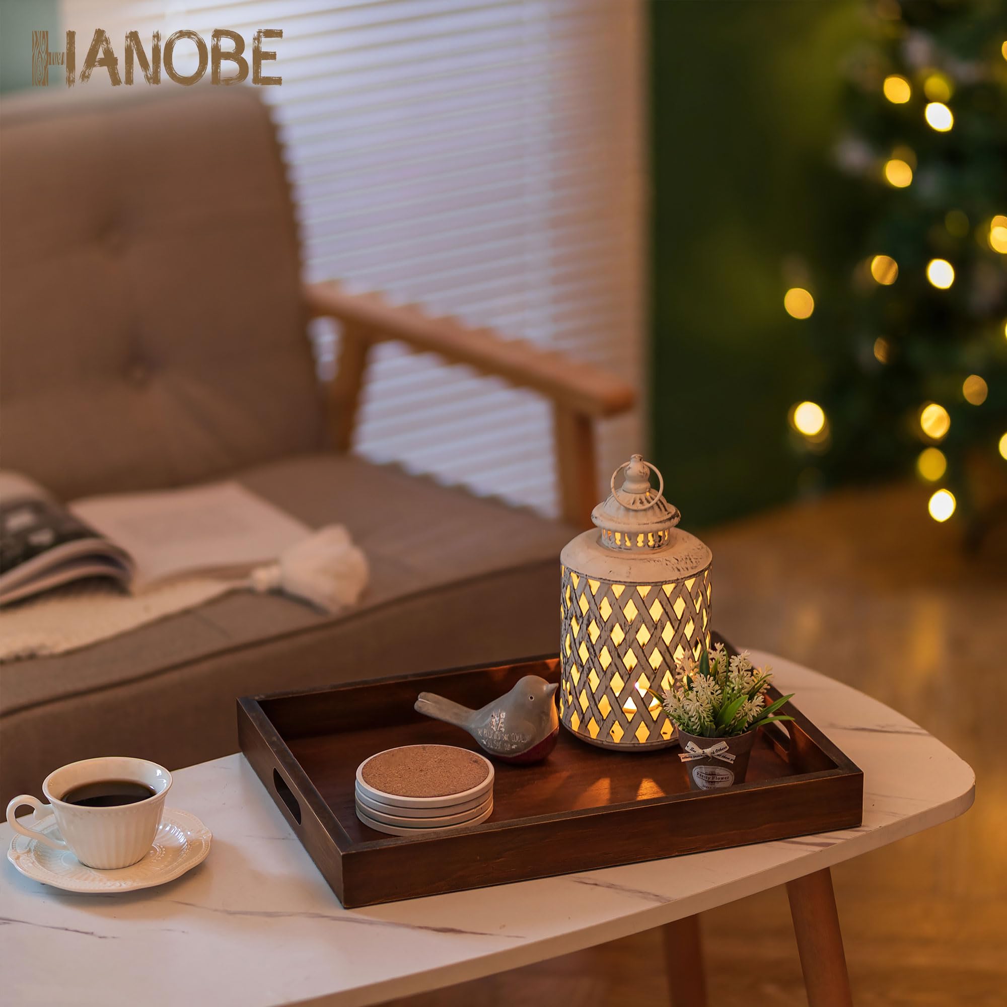 Vassoio In Legno Hanobe Stile Bohémien - Portaoggetti Decorativo Con Manici Per Pouf E Centrotavola - Foto 8