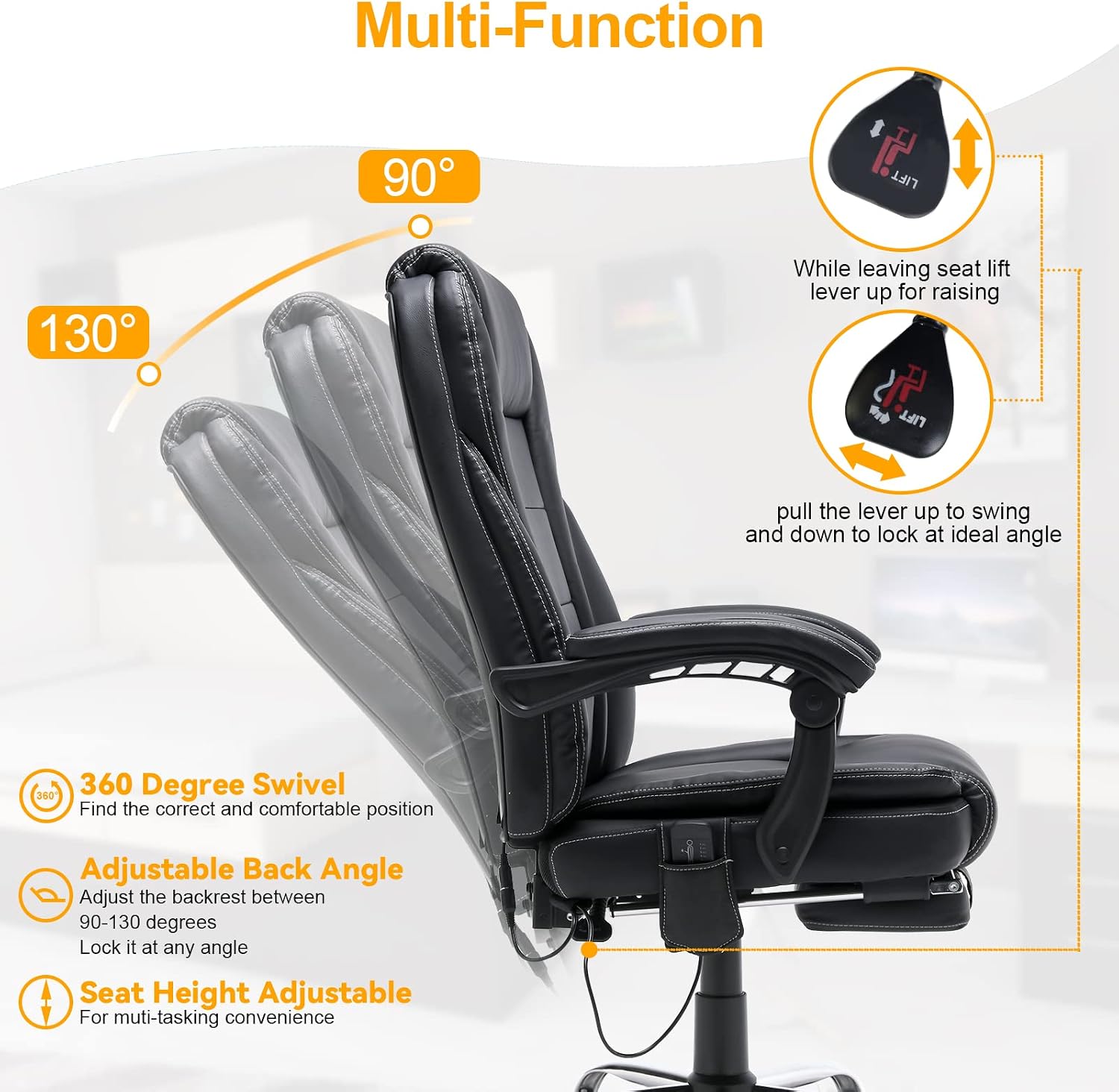 HOMREST Massage Reclining Office Chair, Leather Heating Executive Chair with Lumbar Support and Foot Rest, Ergonomic High Back Desk Chair for Home Office Comfort, Black