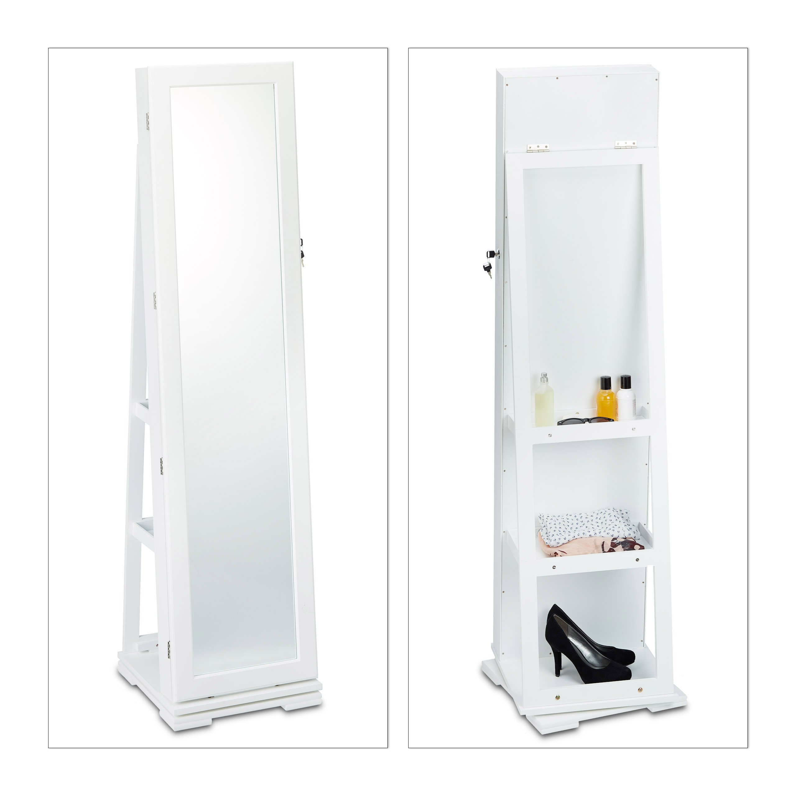 Relaxdays Espejo Joyero XXL Giratorio, DM-Cristal, Blanco, 161 x 39,5 x 40 cm