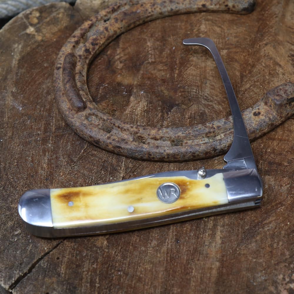 WHISKEY BENT HAT CO. Trapper Folding Pocket Knife with Hoofpick 4.125" Closed Length 440C Stainless Steel Blades (Smooth Burnt Bone)